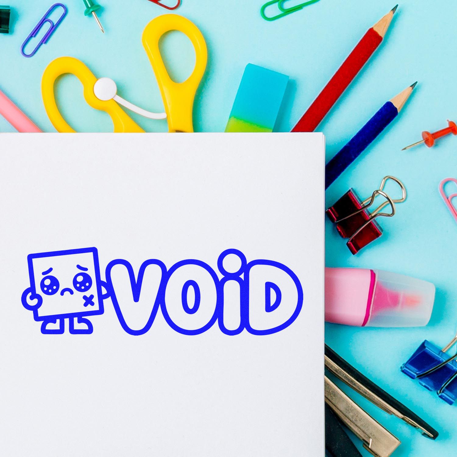 Void rubber stamp on white paper with colorful stationery background, perfect for office documents and packaging.