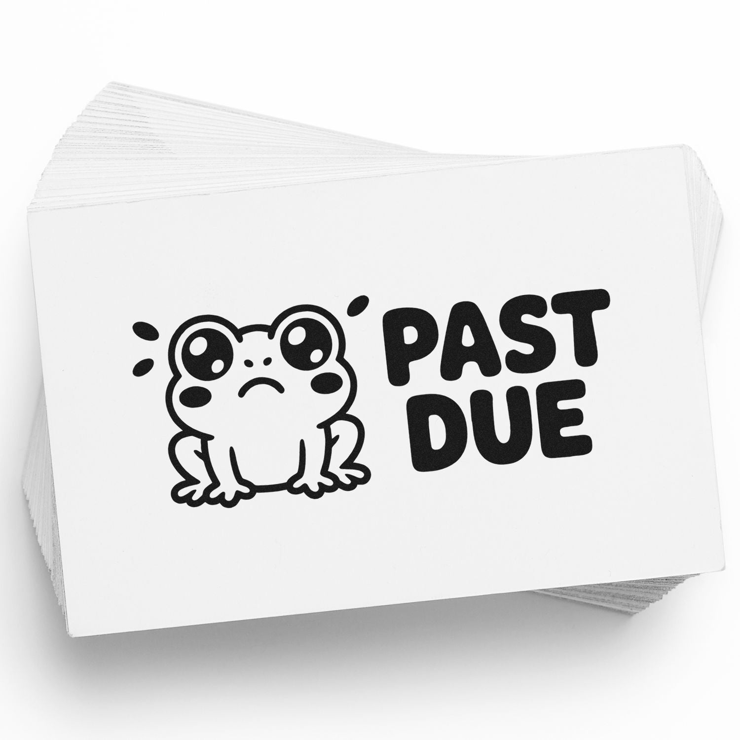 Past Due frog rubber stamp design on a stack of cards, ideal for reminder, office, and billing-themed stamping.