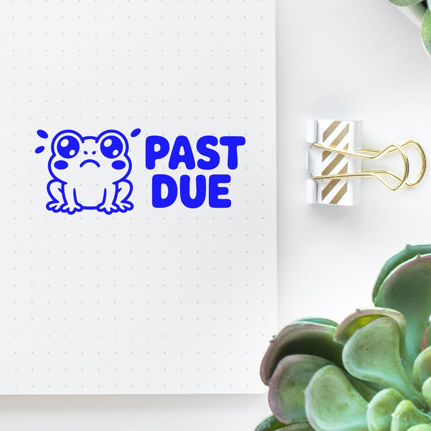 Past Due frog rubber stamp design for overdue reminders, shown in bold blue on a dotted notebook page.