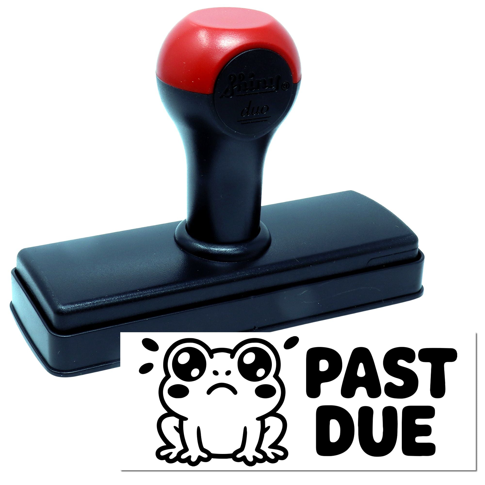 Self-inking rubber stamp with Past Due frog design for marking overdue office documents.