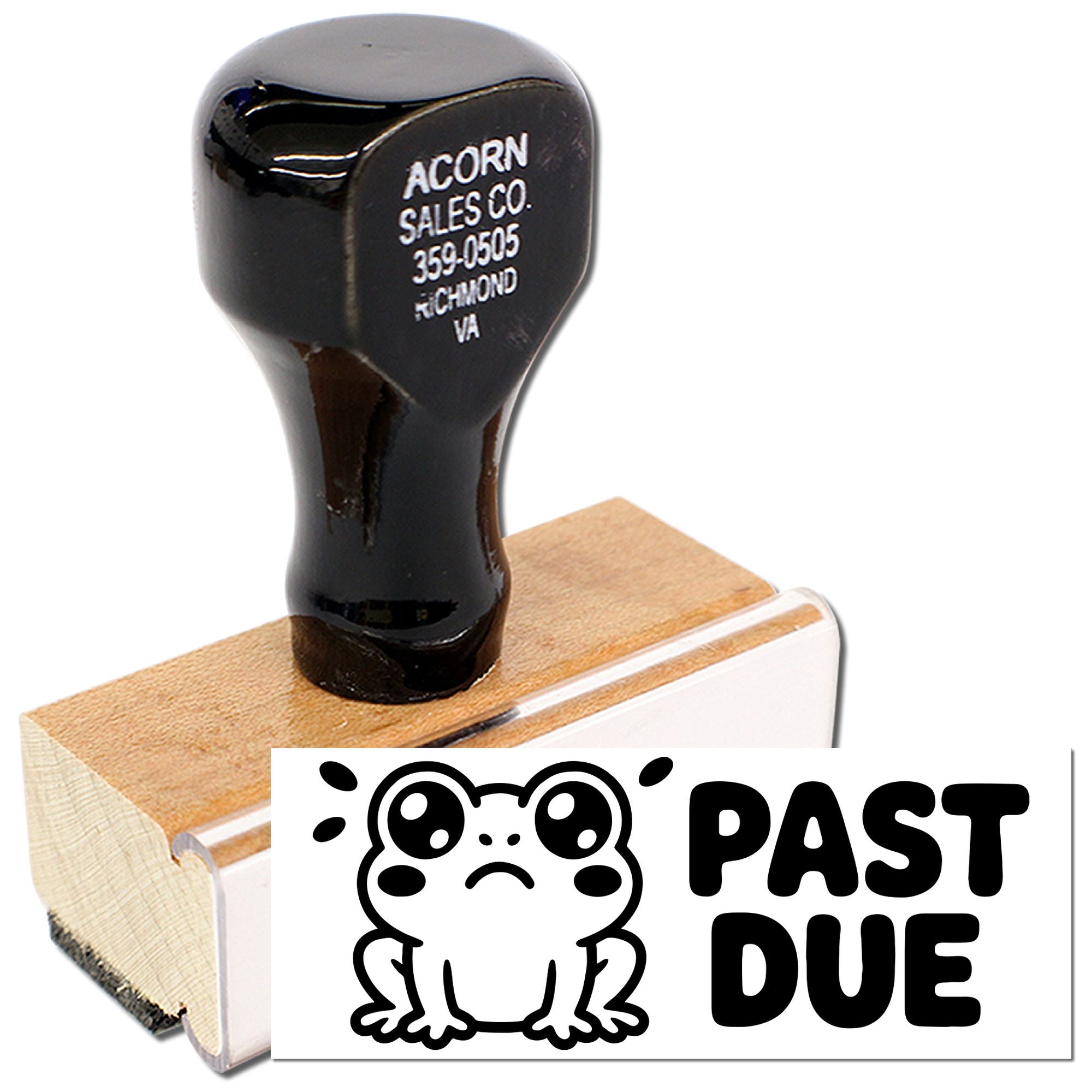 Custom wood handle rubber stamp with PAST DUE frog design for overdue invoices and office mail.