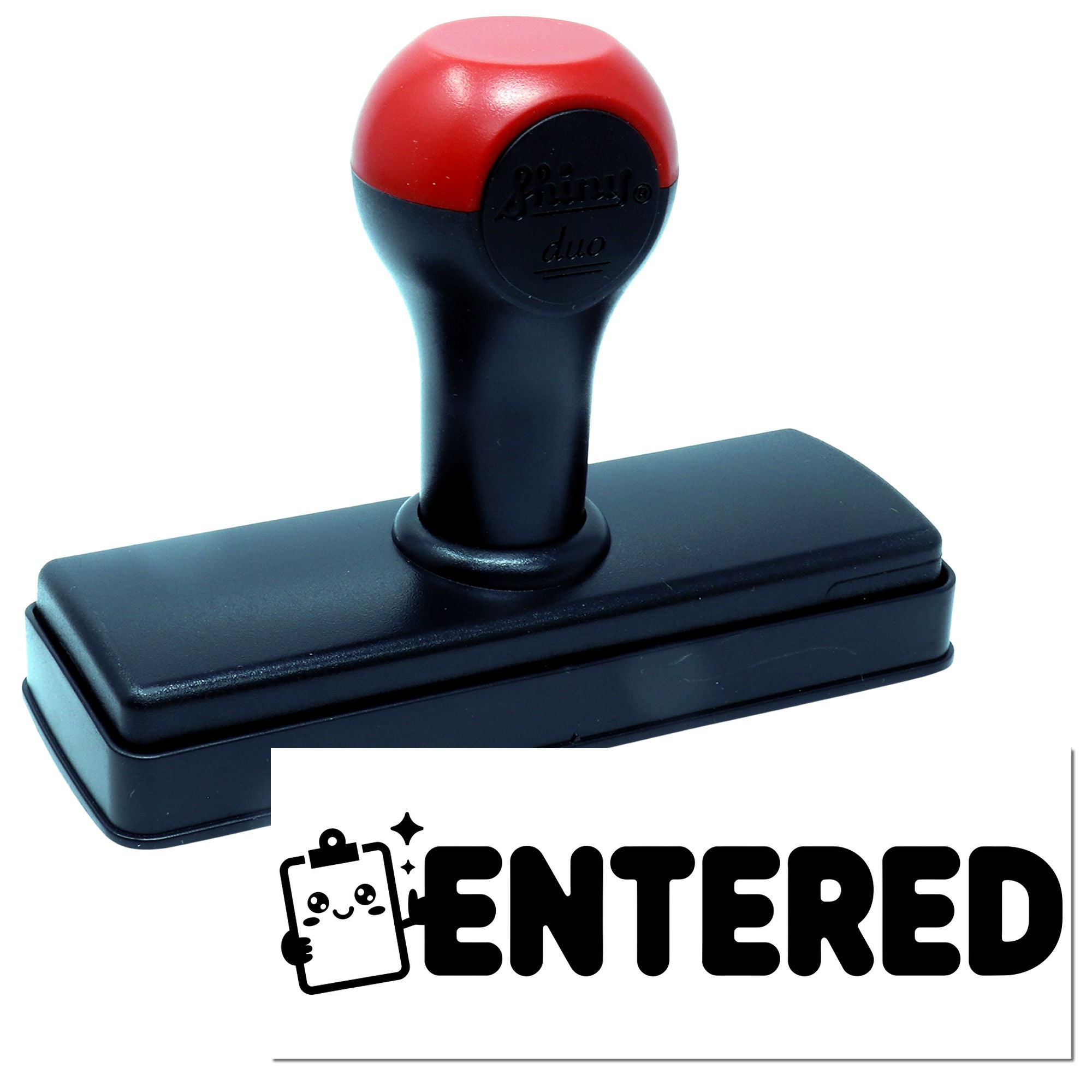 Self-inking ENTERED rubber stamp for office documents, marking forms as received or processed.