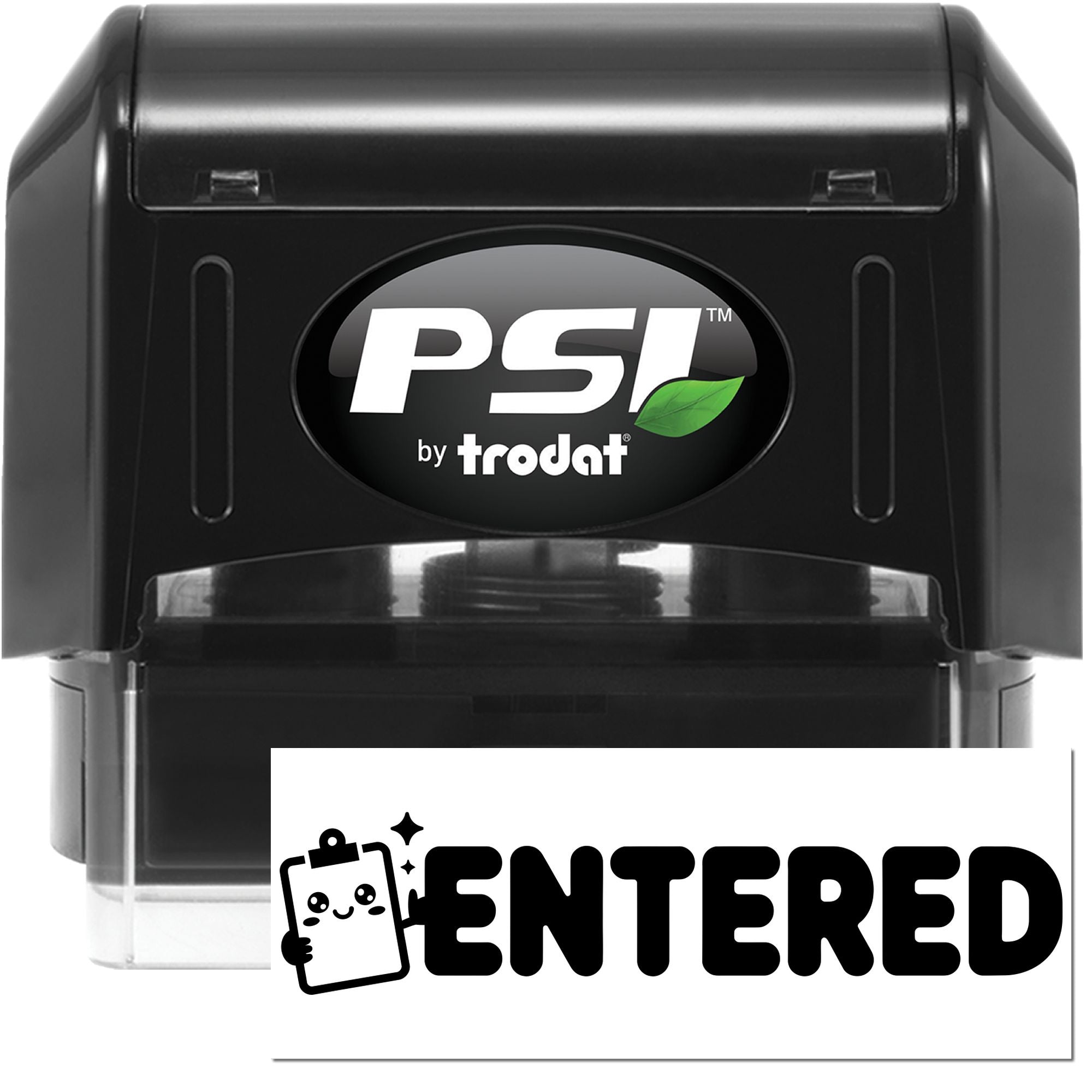 PSI by Trodat self-inking rubber stamp with ENTERED imprint for office document processing.