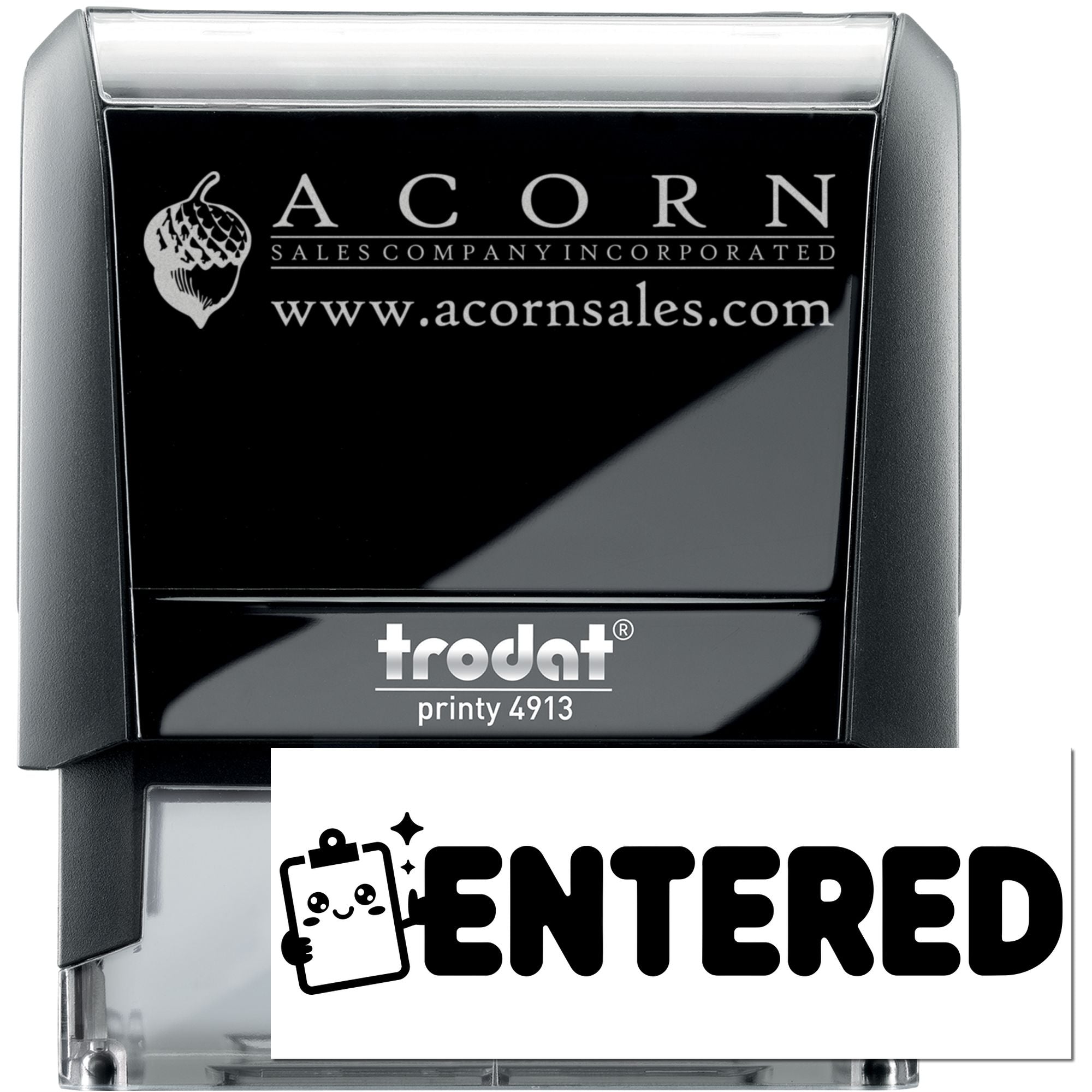Custom self-inking rubber stamp, Trodat Printy 4913, with Acorn Sales logo for business branding and document marking.