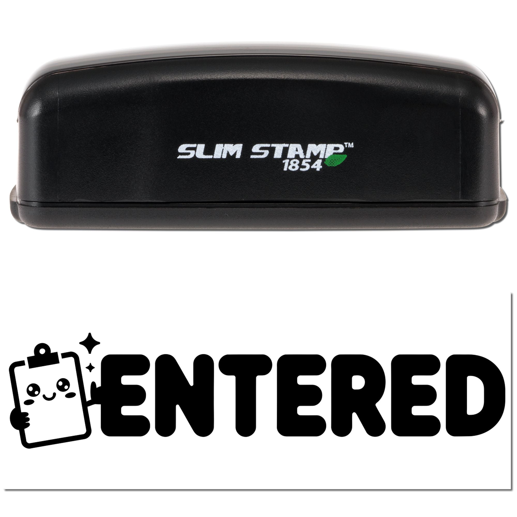 Slim Stamp 1854 rubber stamp with Entered imprint for office documents and record keeping.