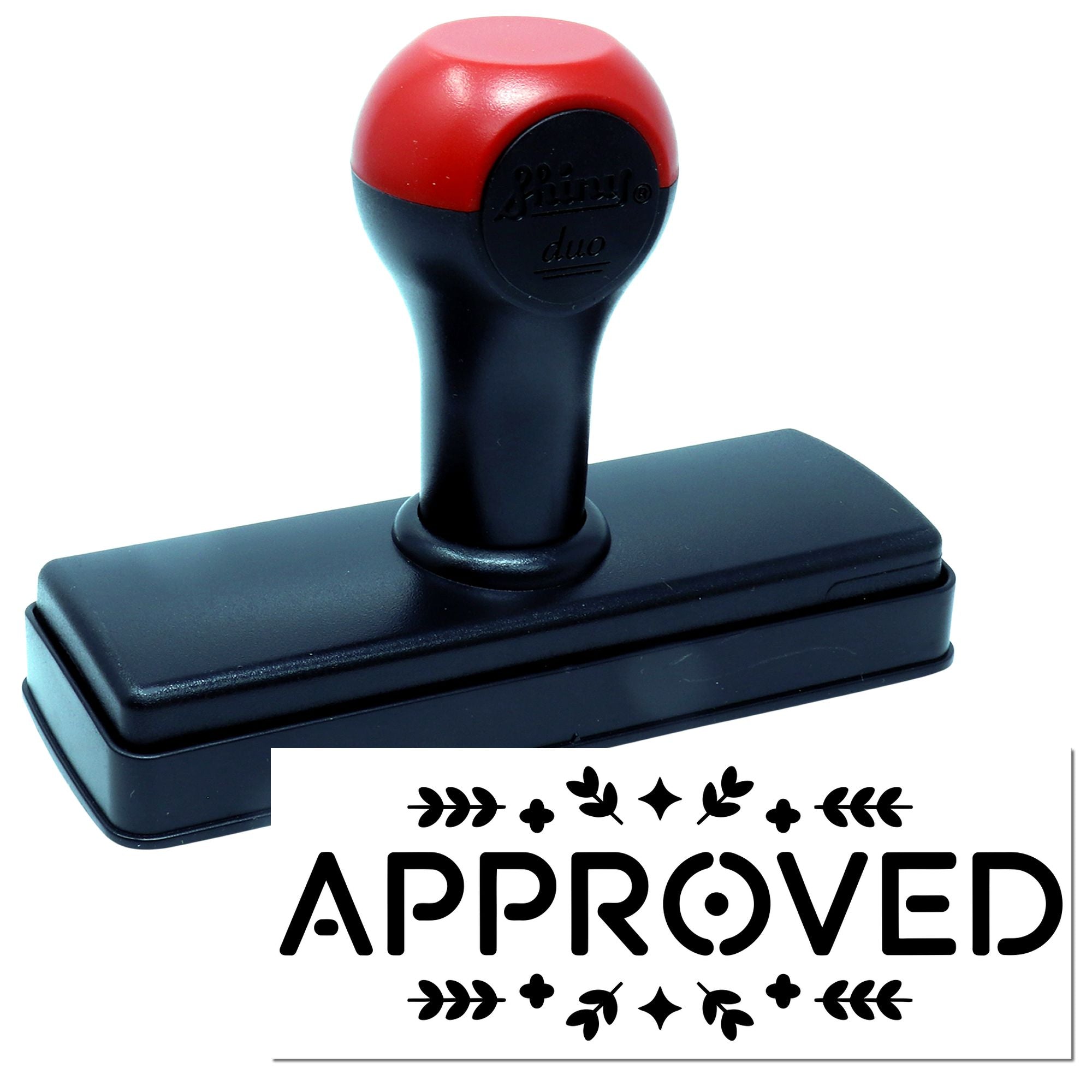 Self-inking APPROVED rubber stamp with black ink, ideal for office document approval and record marking.