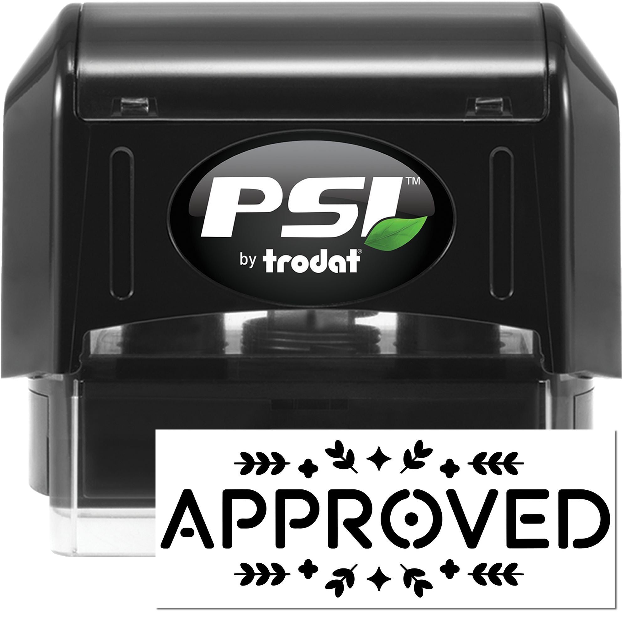 PSI by Trodat self-inking rubber stamp with APPROVED imprint for office document approval.