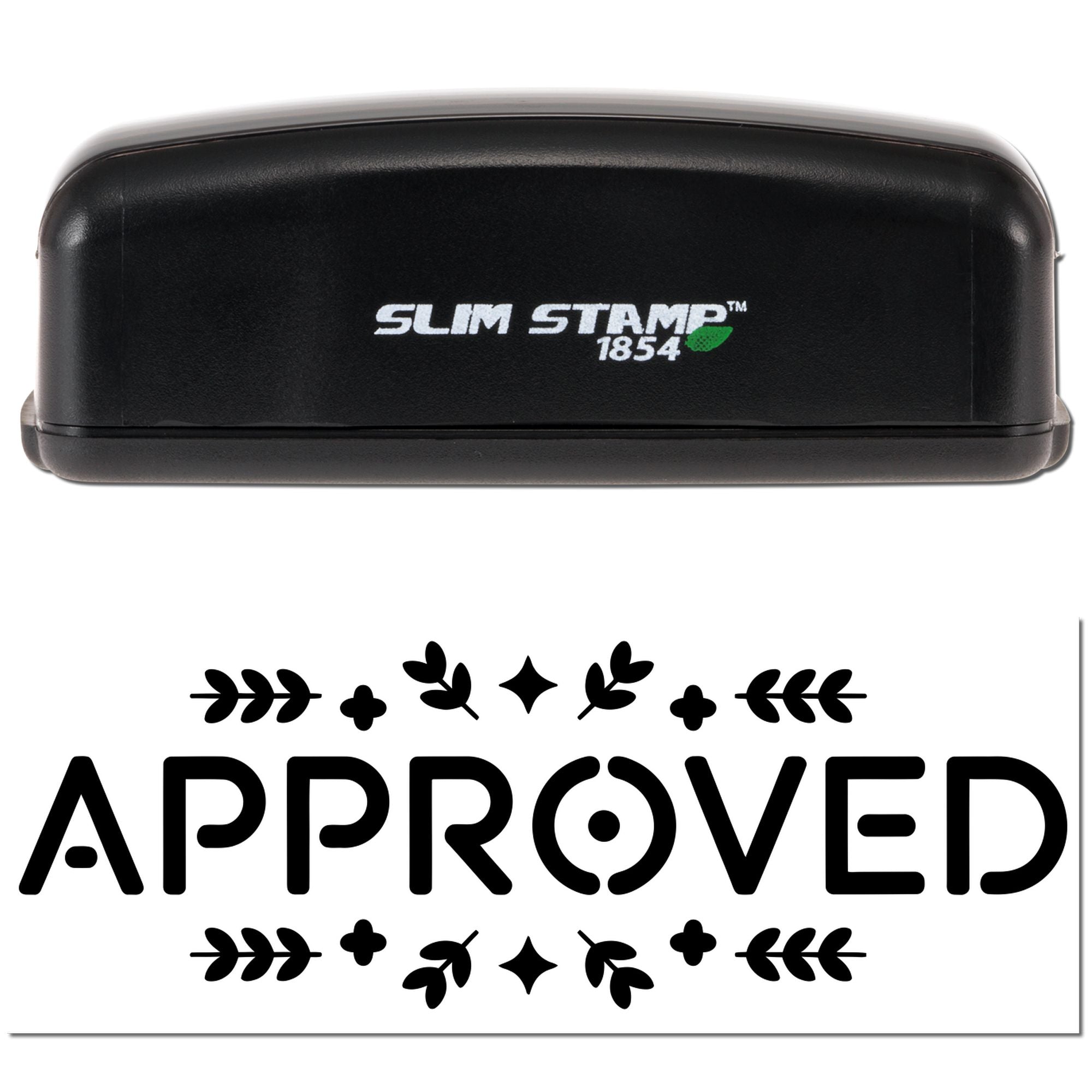 Slim Stamp 1854 rubber stamp with decorative leaf border and bold APPROVED imprint for office document approval.