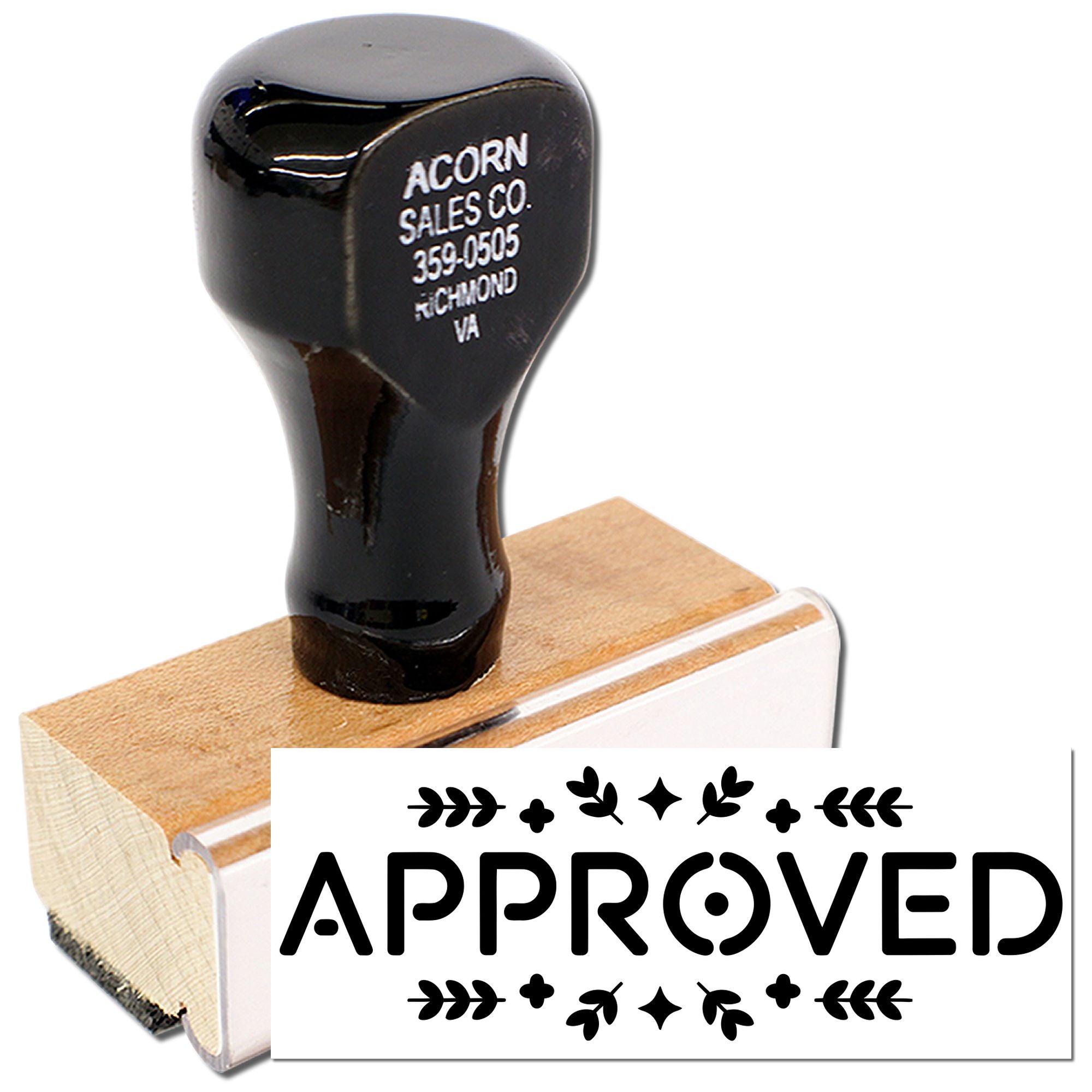 Custom wooden rubber stamp for Acorn Sales Co. with APPROVED design for business documents.