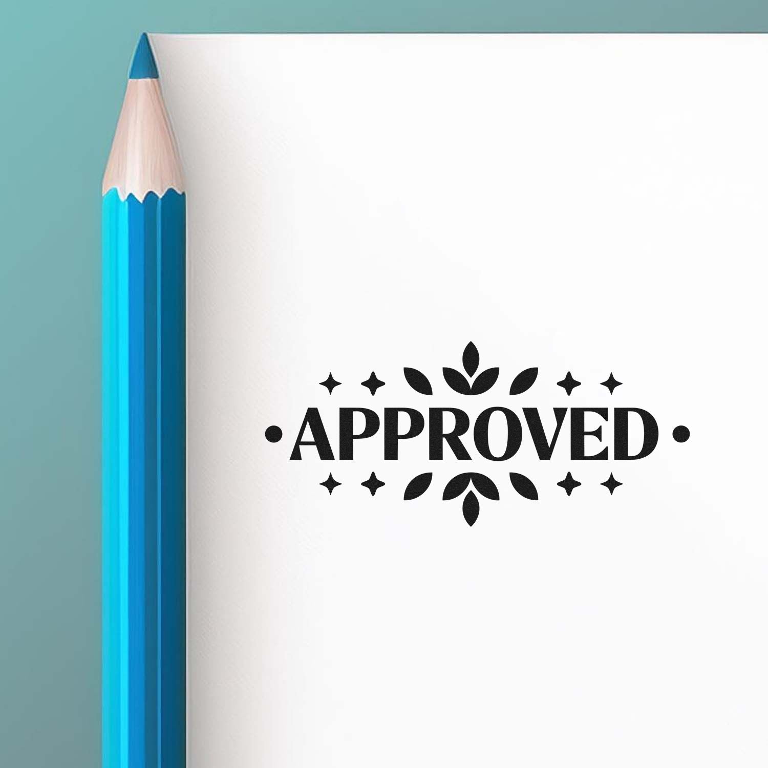 Approved rubber stamp design for office documents, shown on white paper beside a blue pencil.