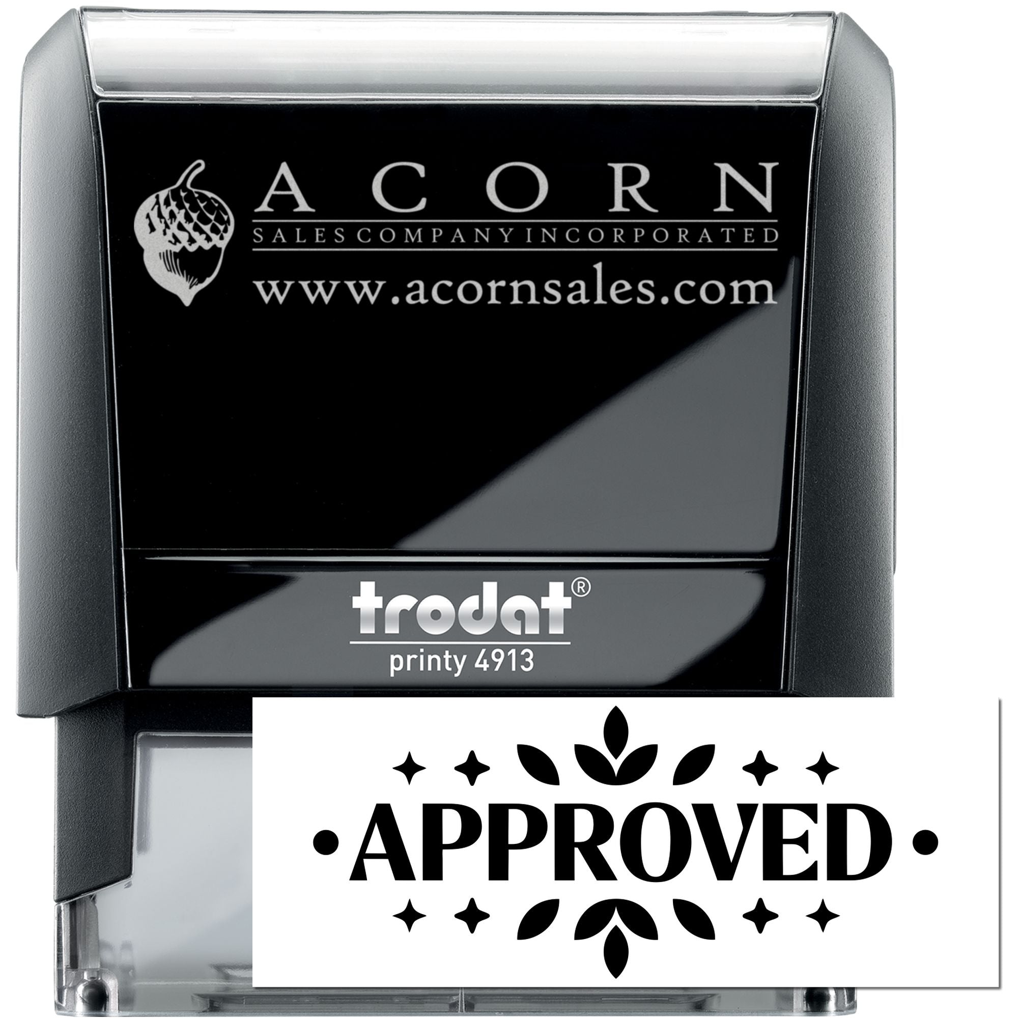Custom self-inking business rubber stamp with Acorn Sales Company logo and Approved imprint, Trodat Printy 4913.