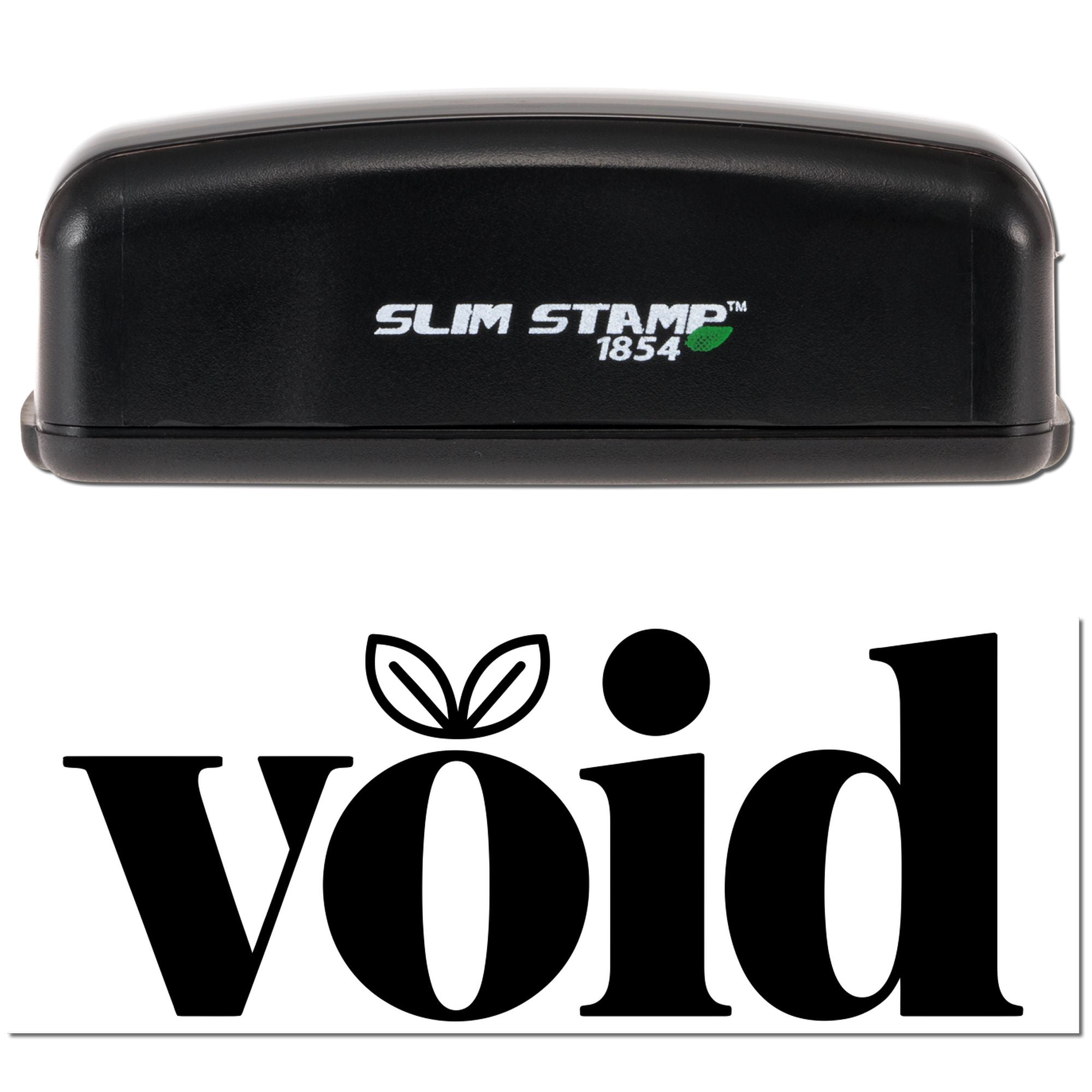 Slim Stamp 1854 custom rubber stamp with VOID security imprint and leaf icon for document marking.
