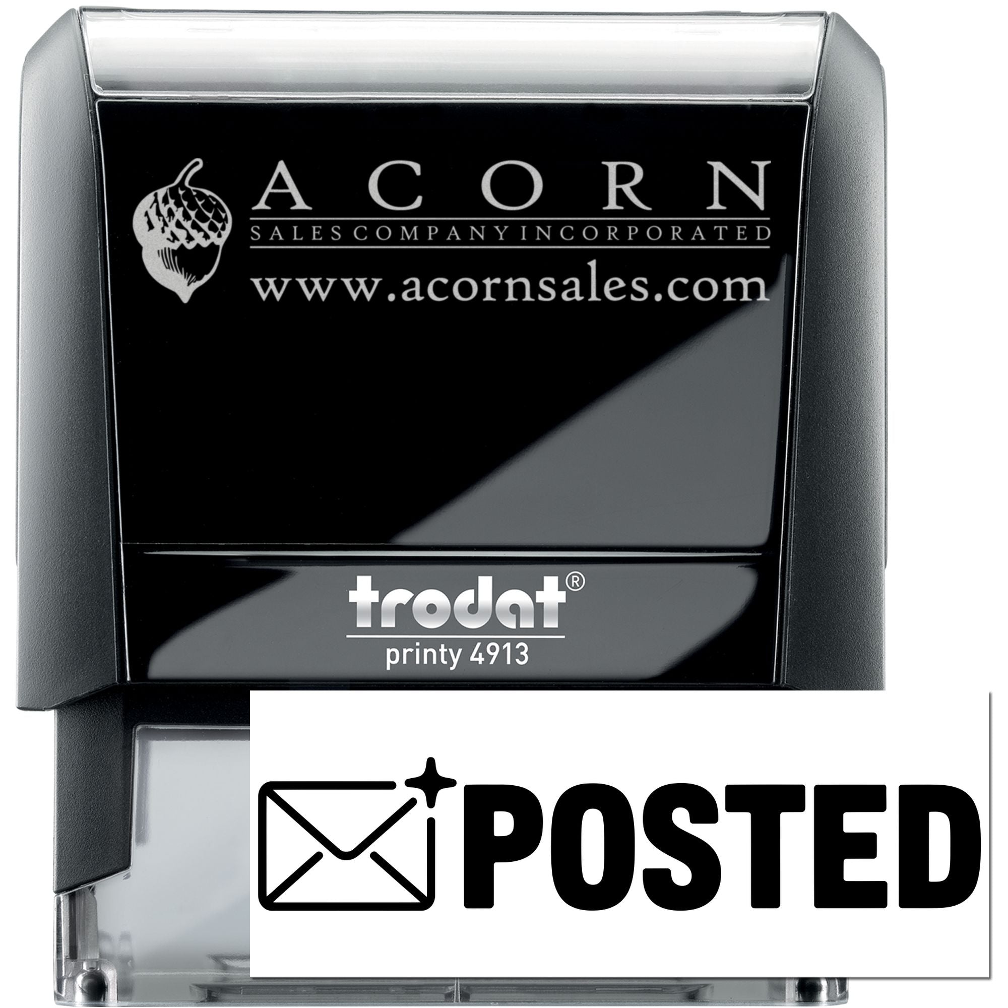 Custom self-inking business rubber stamp with Acorn Sales logo and POSTED imprint, Trodat Printy 4913.