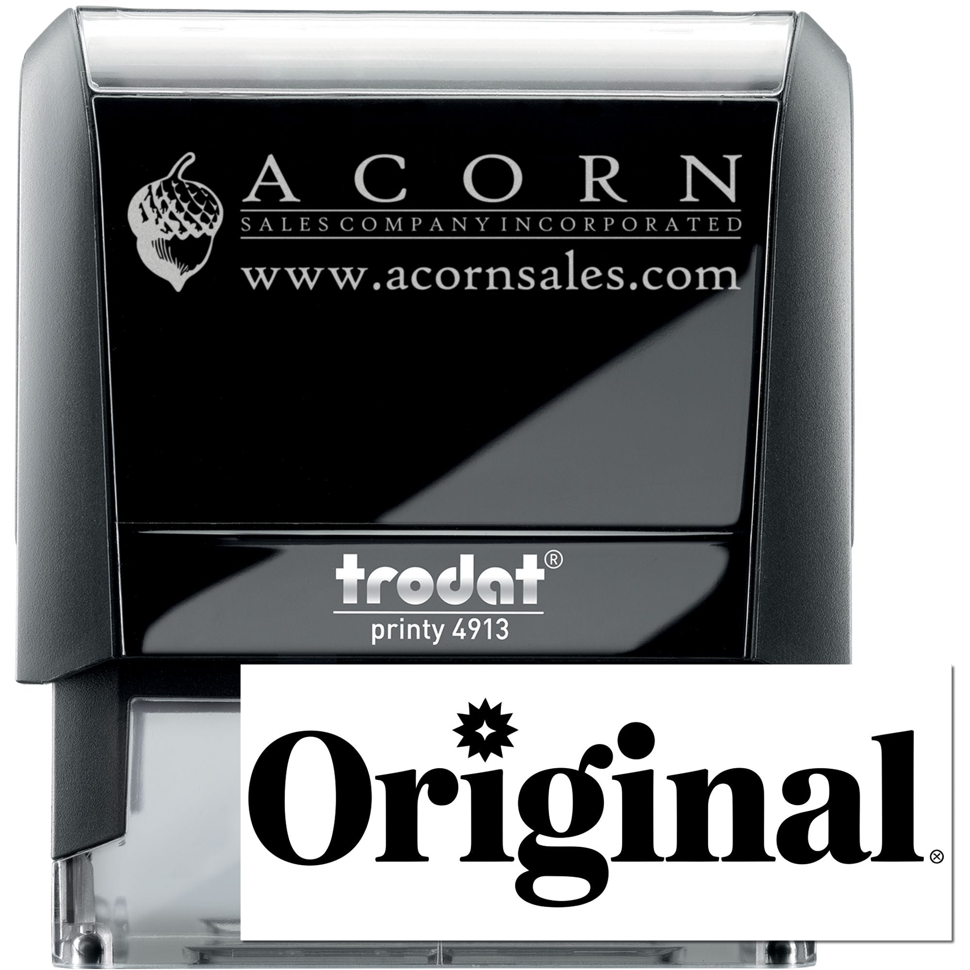 Custom self-inking rubber stamp for Acorn Sales Company with logo and website, Trodat Printy 4913 for business branding.