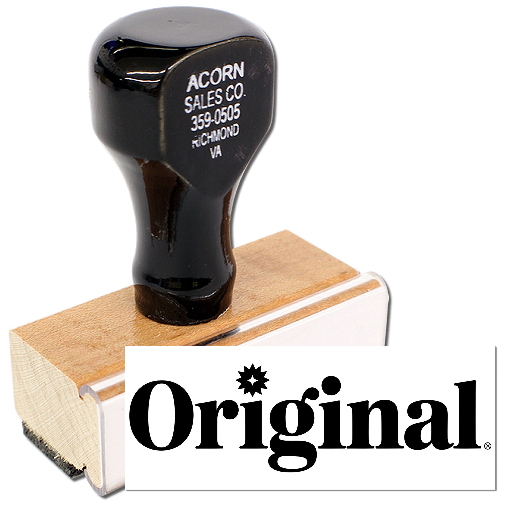 Custom wooden handle rubber stamp for business branding, featuring Acorn Sales Co. logo and address imprint.