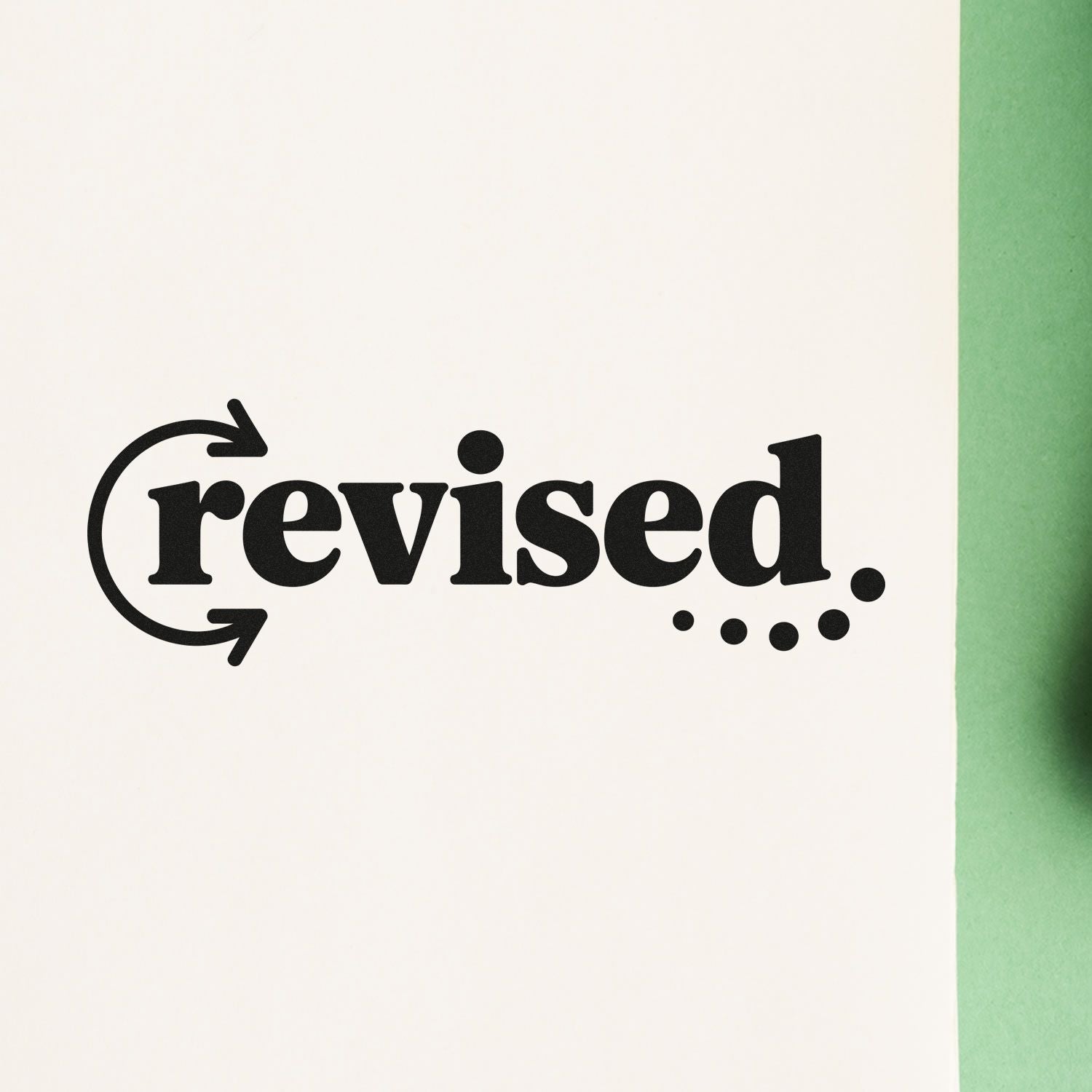 Revised rubber stamp for marking updated documents, featuring a circular arrow icon and bold black text.