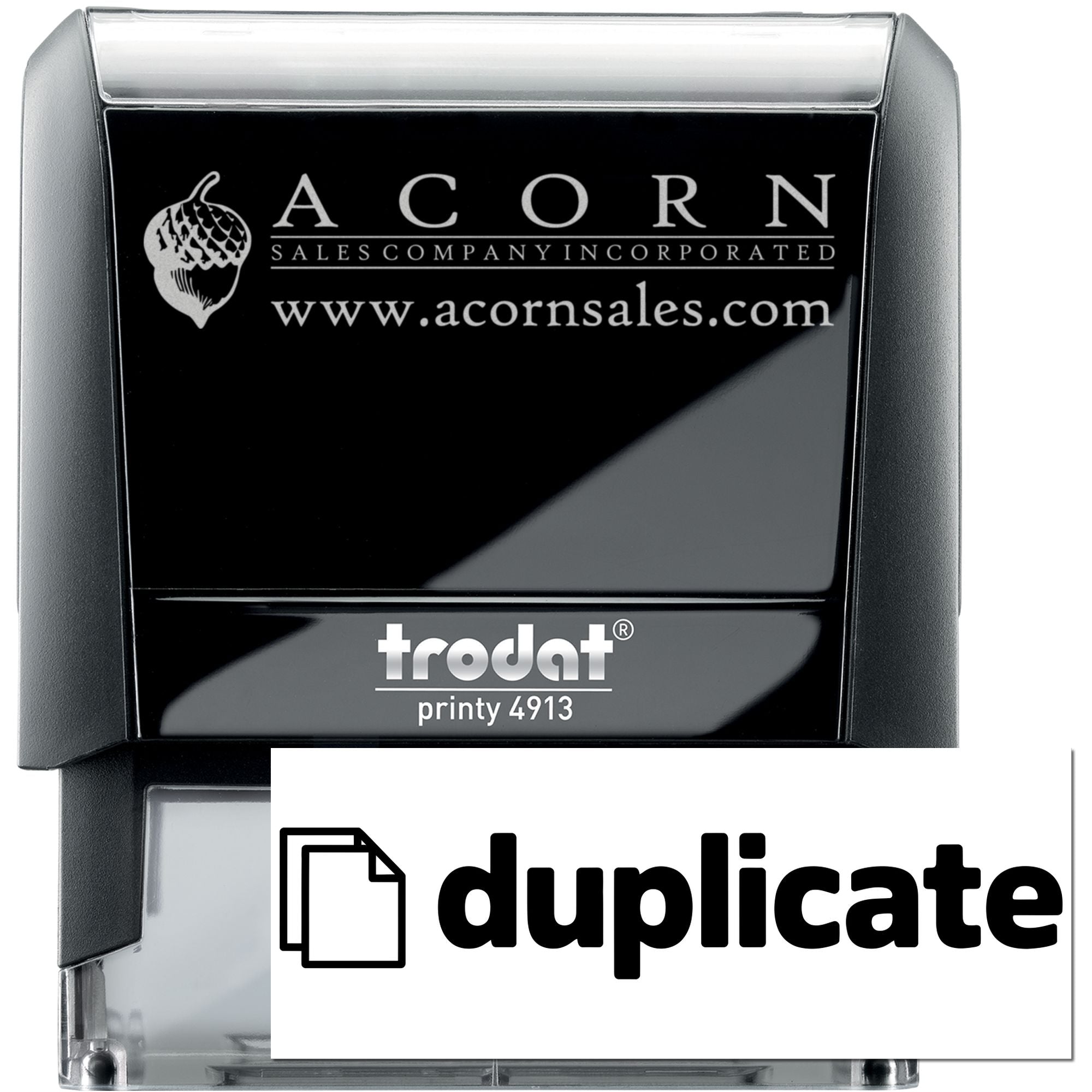 Custom self-inking rubber stamp, Trodat Printy 4913, featuring Acorn Sales Company logo and website.