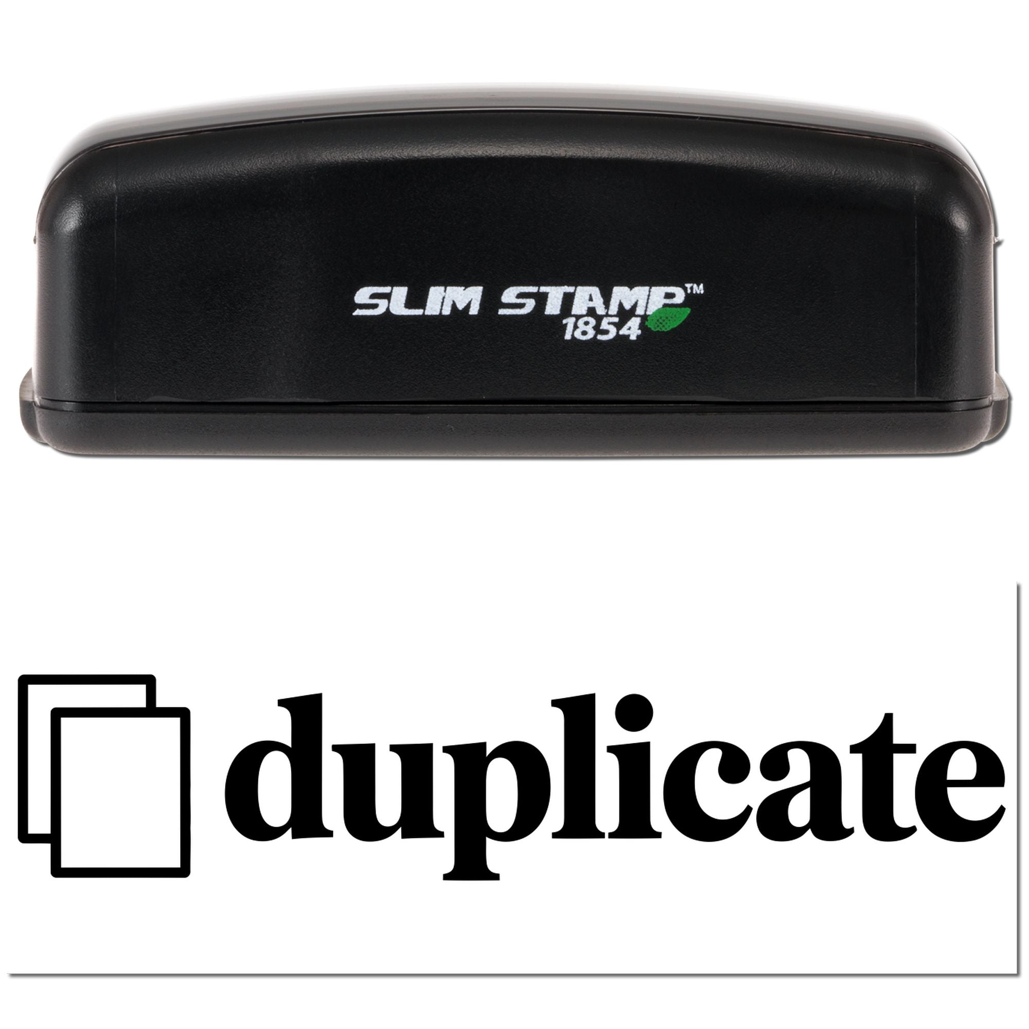 Slim Stamp 1854 self-inking rubber stamp with Duplicate branding for office document copying and recordkeeping.