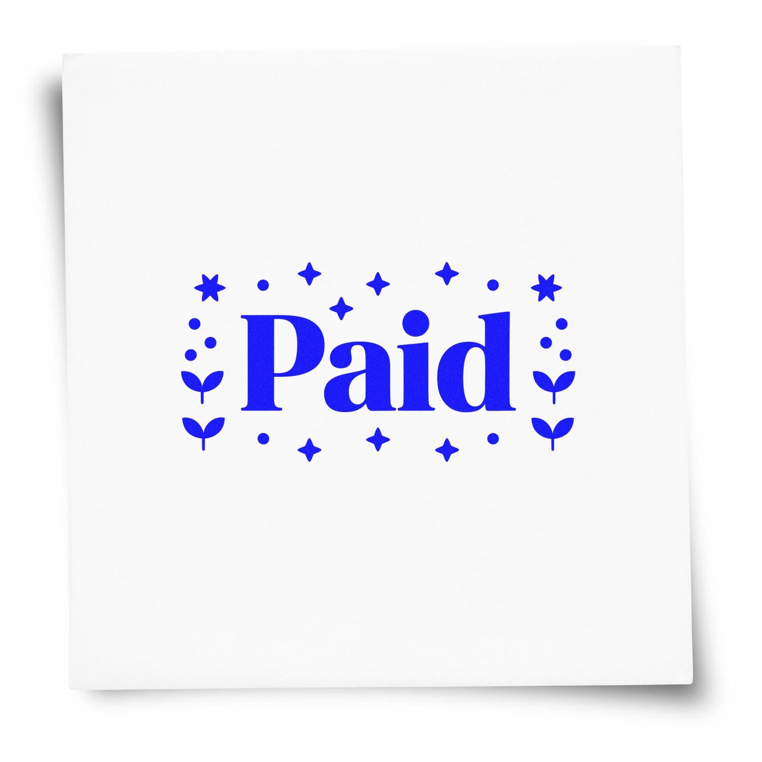 Blue Paid rubber stamp design with decorative stars and leaves for invoices, receipts, and business documents.