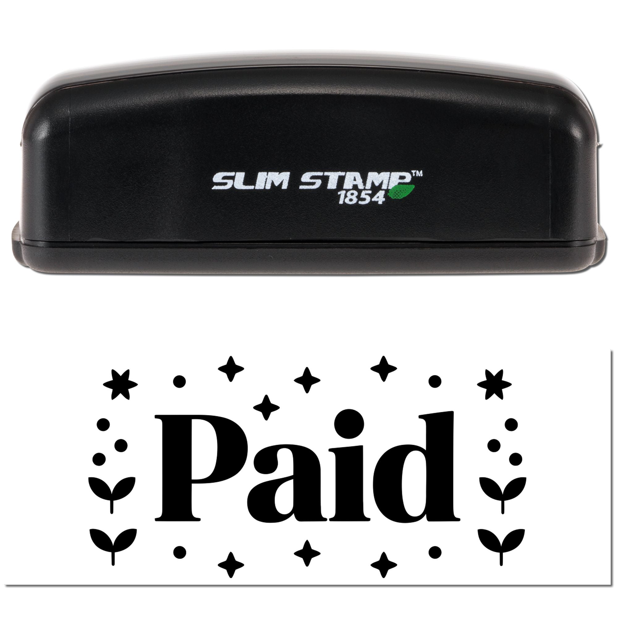 Slim Stamp 1854 self-inking rubber stamp with Paid mark for invoices, receipts, and bookkeeping.