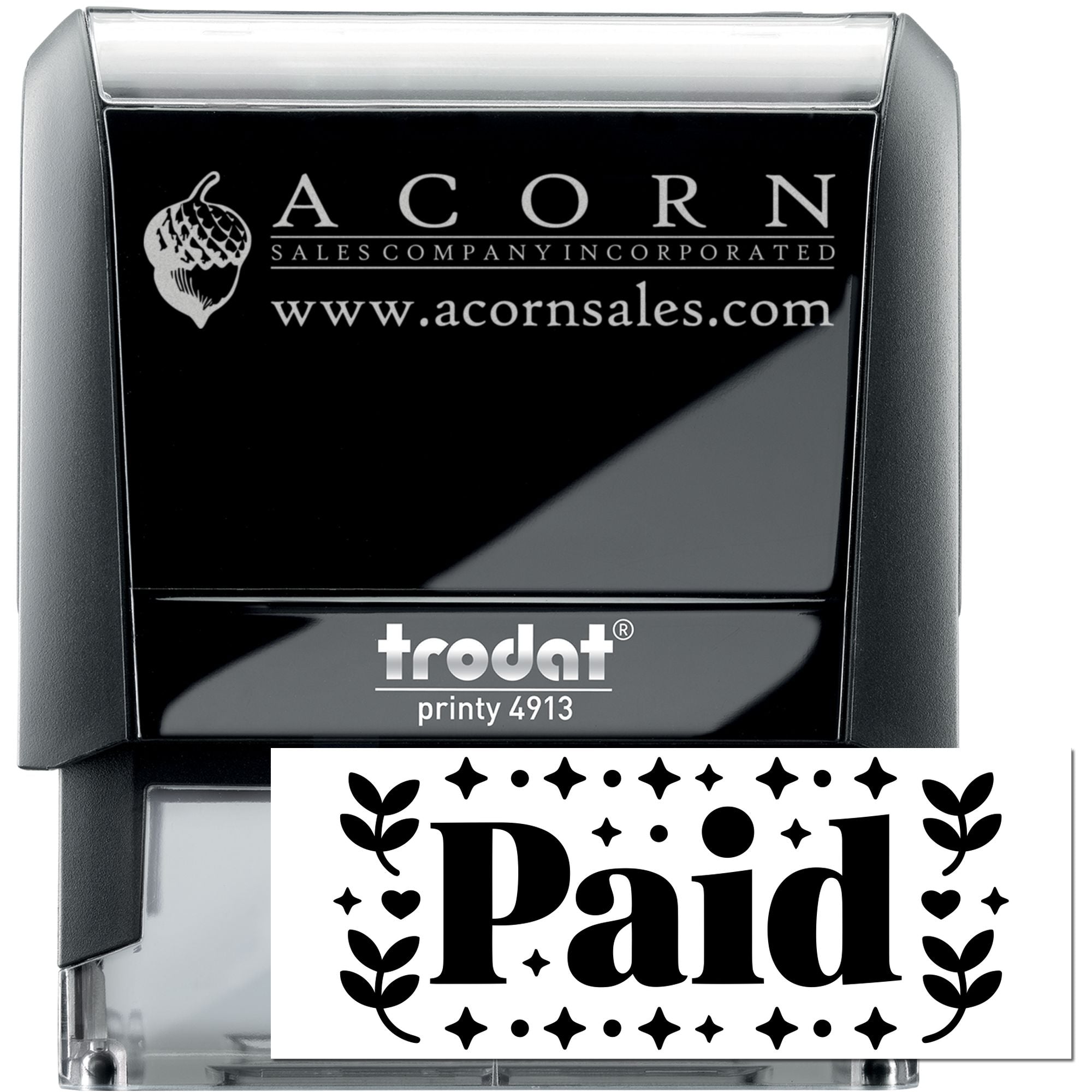 Custom self-inking rubber stamp with Paid imprint, Trodat Printy 4913, ideal for office invoicing and business branding.