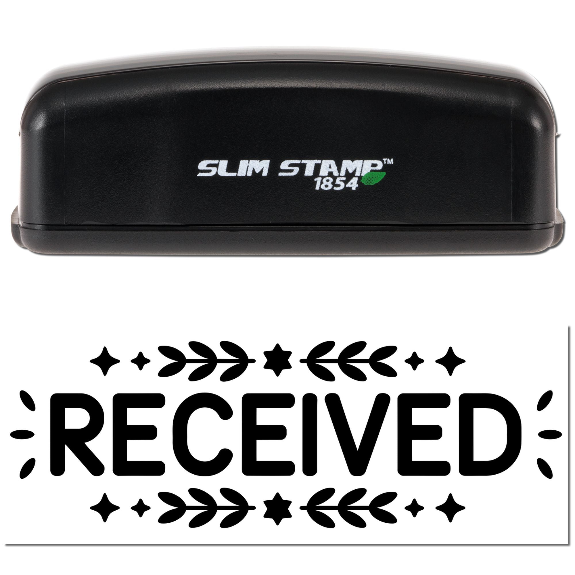 Slim Stamp 1854 self-inking rubber stamp imprint with RECEIVED and decorative leaves and stars for document marking.
