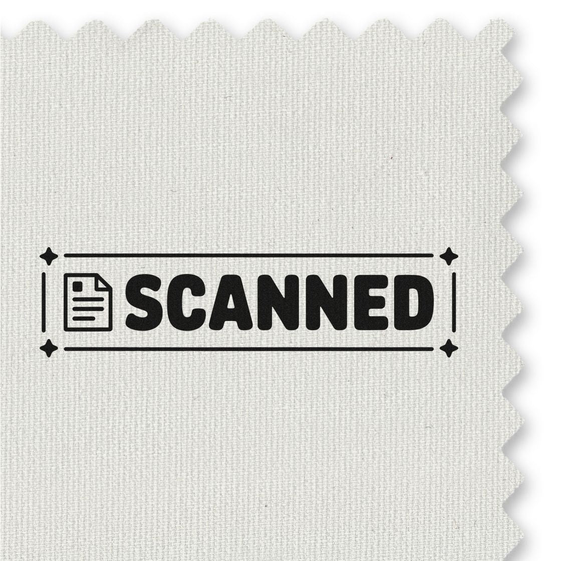 Scanned rubber stamp with document icon, black office marking on textured paper for paperwork and filing.