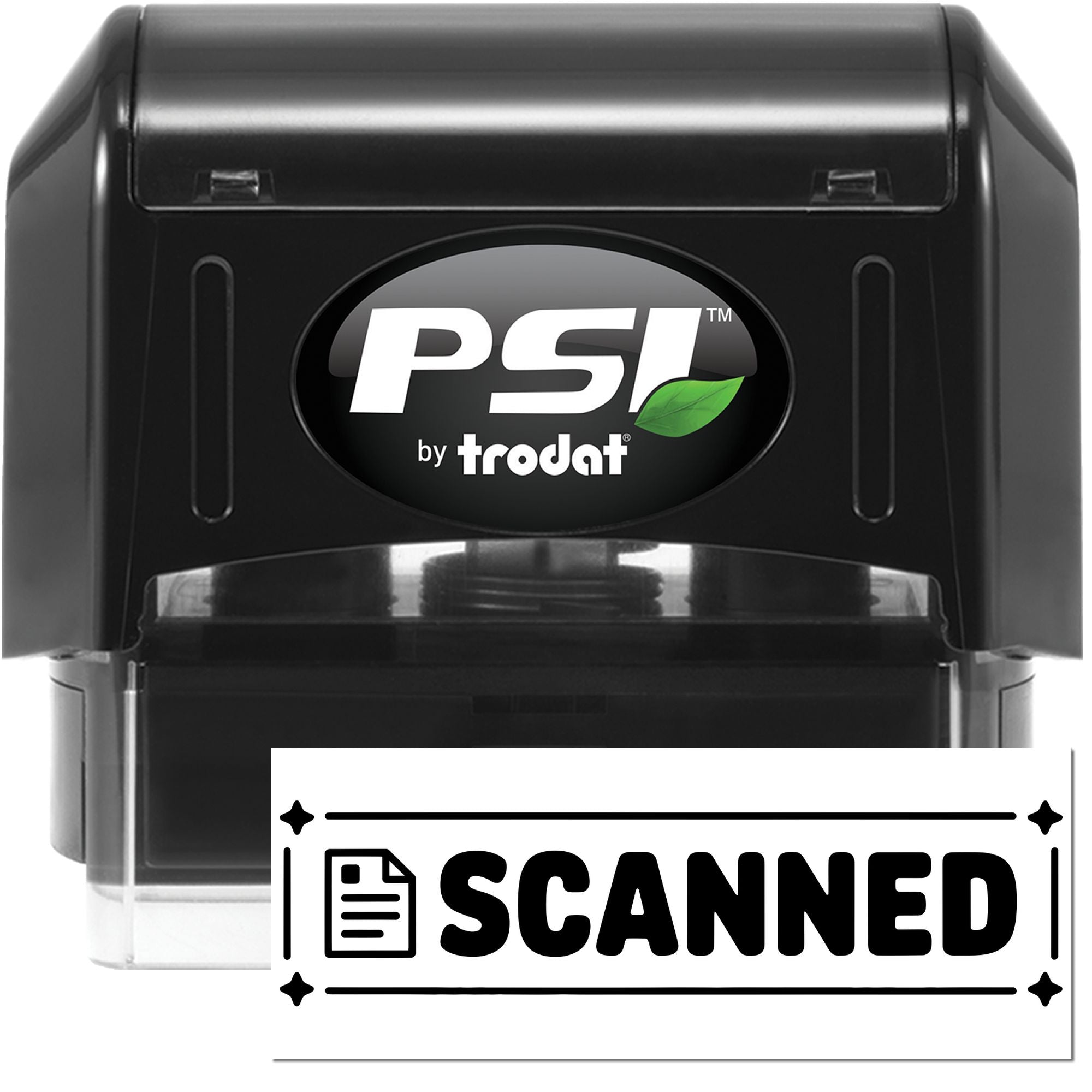 PSI by Trodat self-inking rubber stamp with SCANNED mark for office document processing.