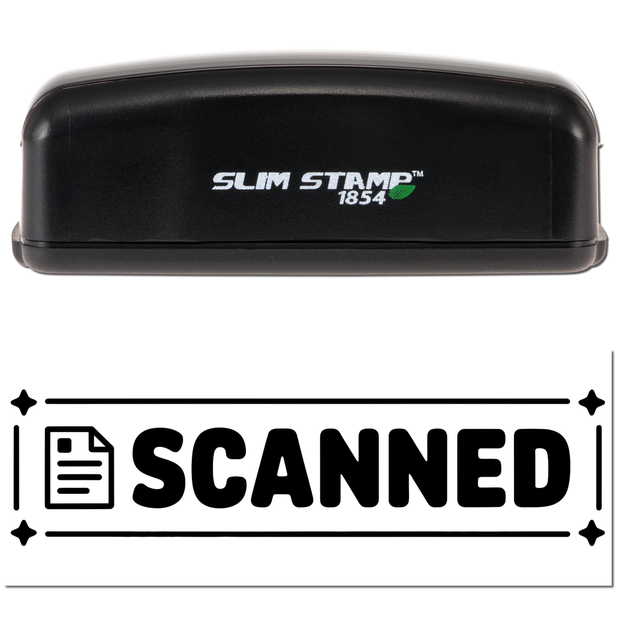 Slim Stamp 1854 self-inking rubber stamp with SCANNED document mark impression for office file processing