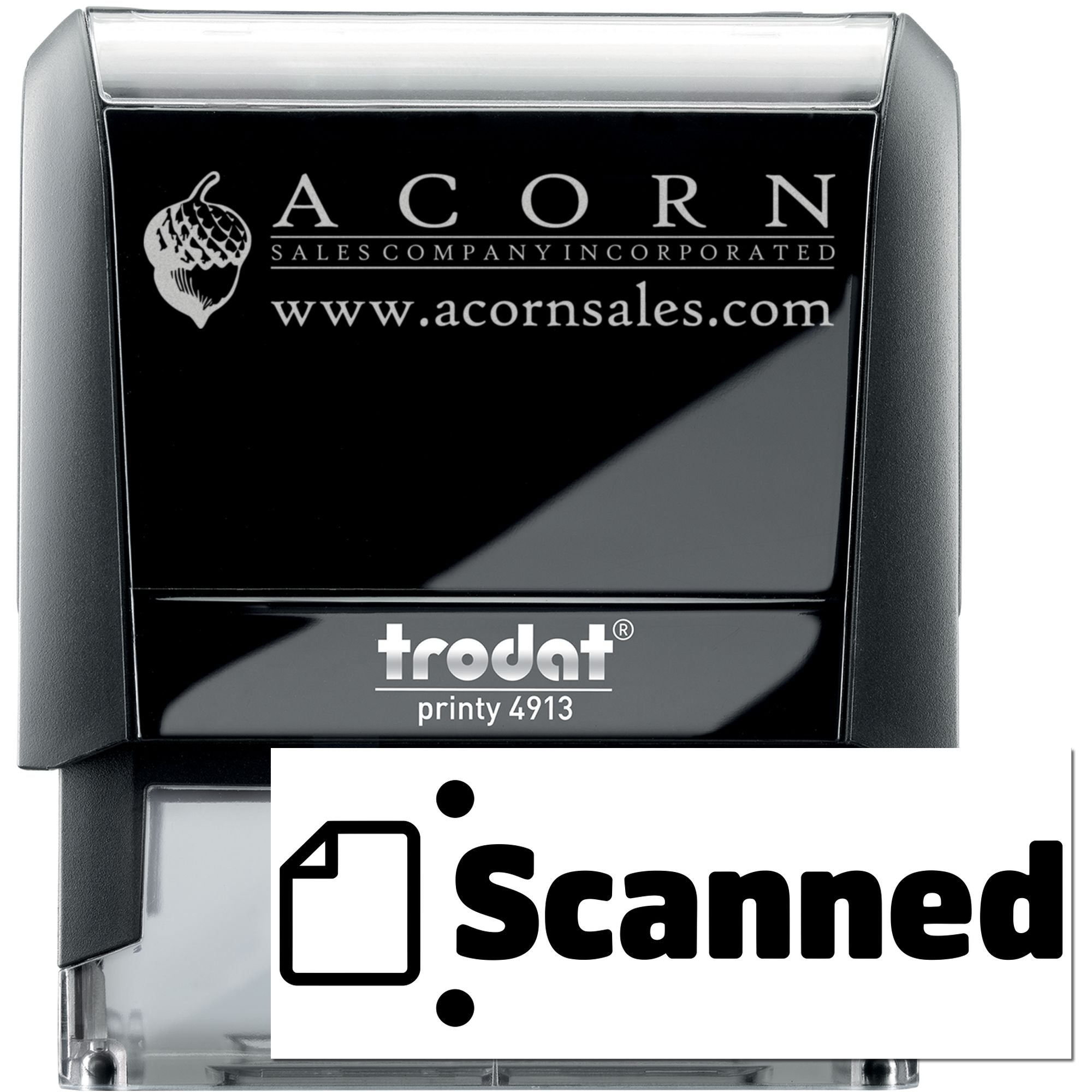 Custom self-inking rubber stamp, Trodat Printy 4913, with Acorn Sales Company logo and website for branding use