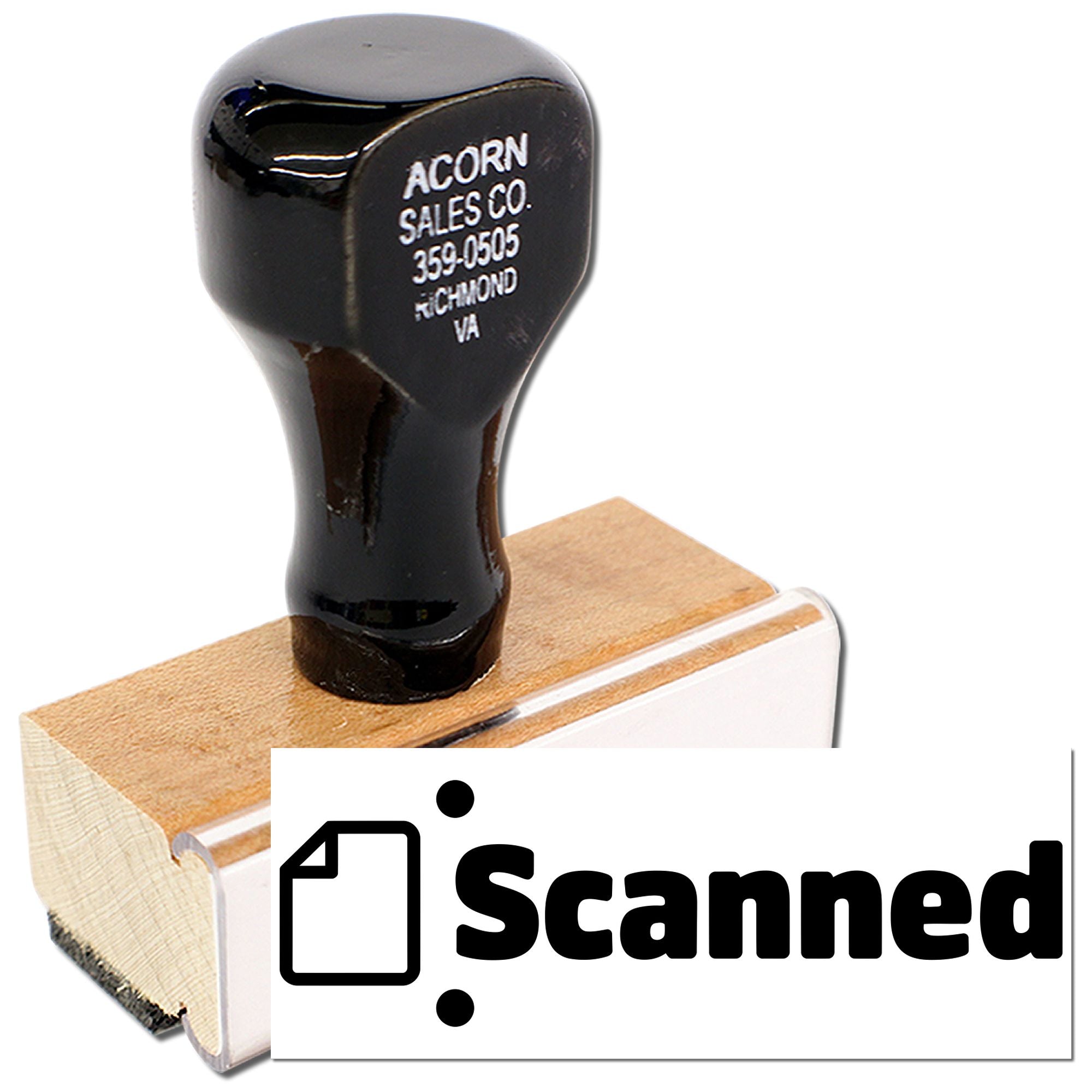 Custom rubber stamp with Scanned mark, ideal for office paperwork, document processing, and file organization.