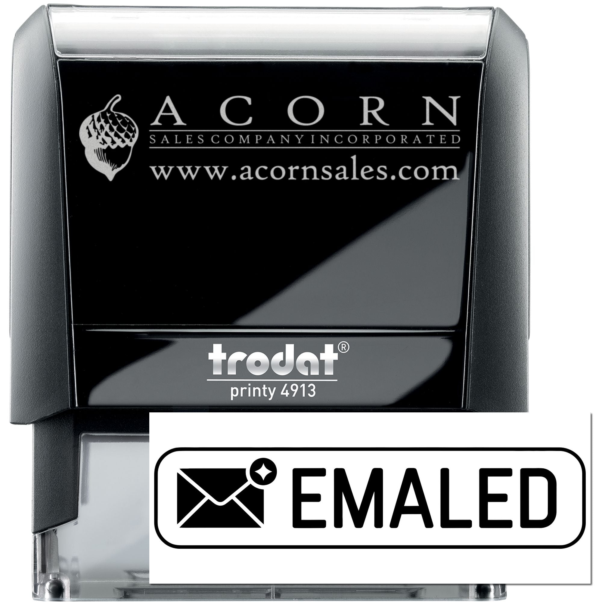 Custom self-inking rubber stamp Trodat Printy 4913 with Acorn Sales logo and website, plus bold EMAILED office stamp.