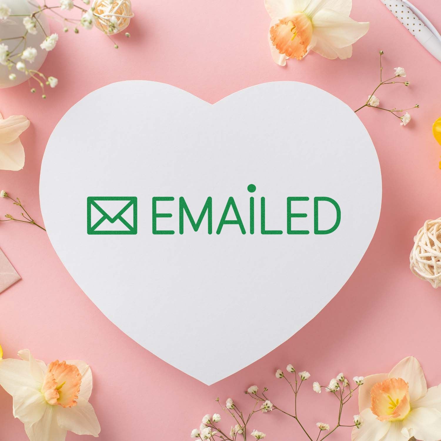 Emailed rubber stamp design with envelope icon on heart-shaped paper for office mailing and order status labeling.