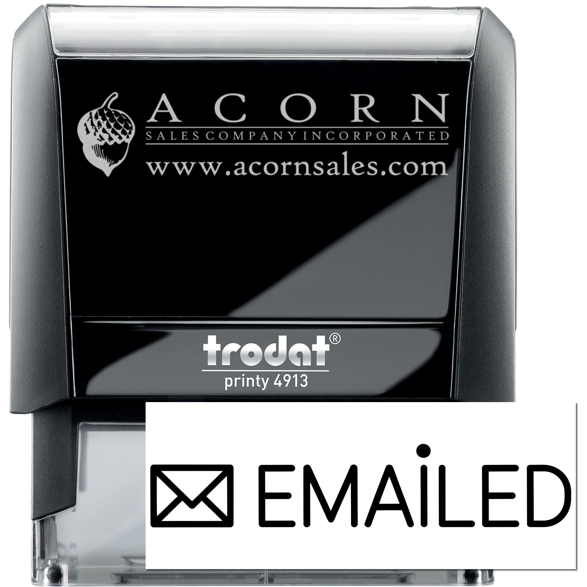 Custom Trodat Printy 4913 self-inking rubber stamp with Acorn Sales Company logo, website, and Emailed imprint.