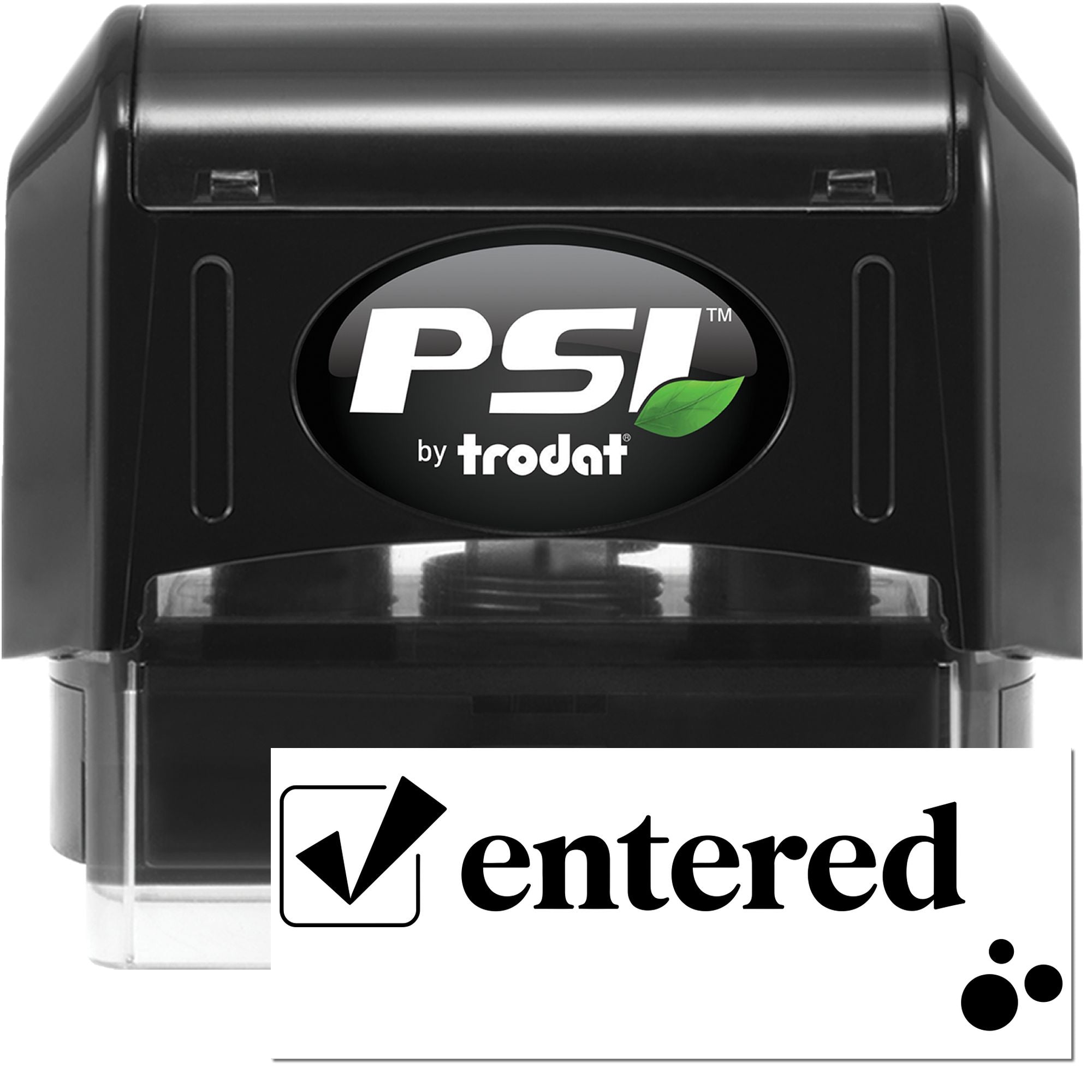 PSI by Trodat self-inking rubber stamp with entered checkmark imprint for office document tracking.