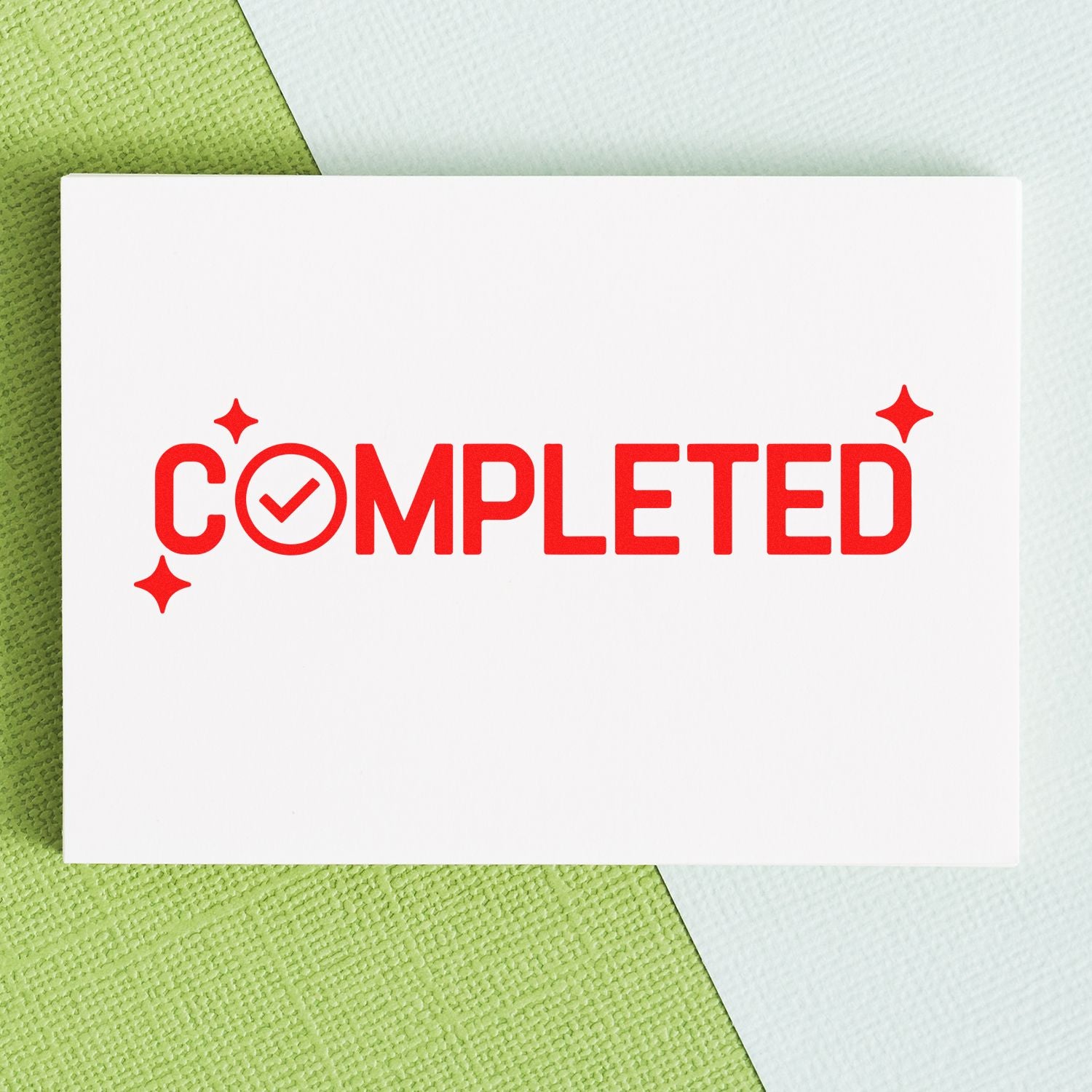 Completed rubber stamp with checkmark icon for approved documents, task tracking, and office workflow.