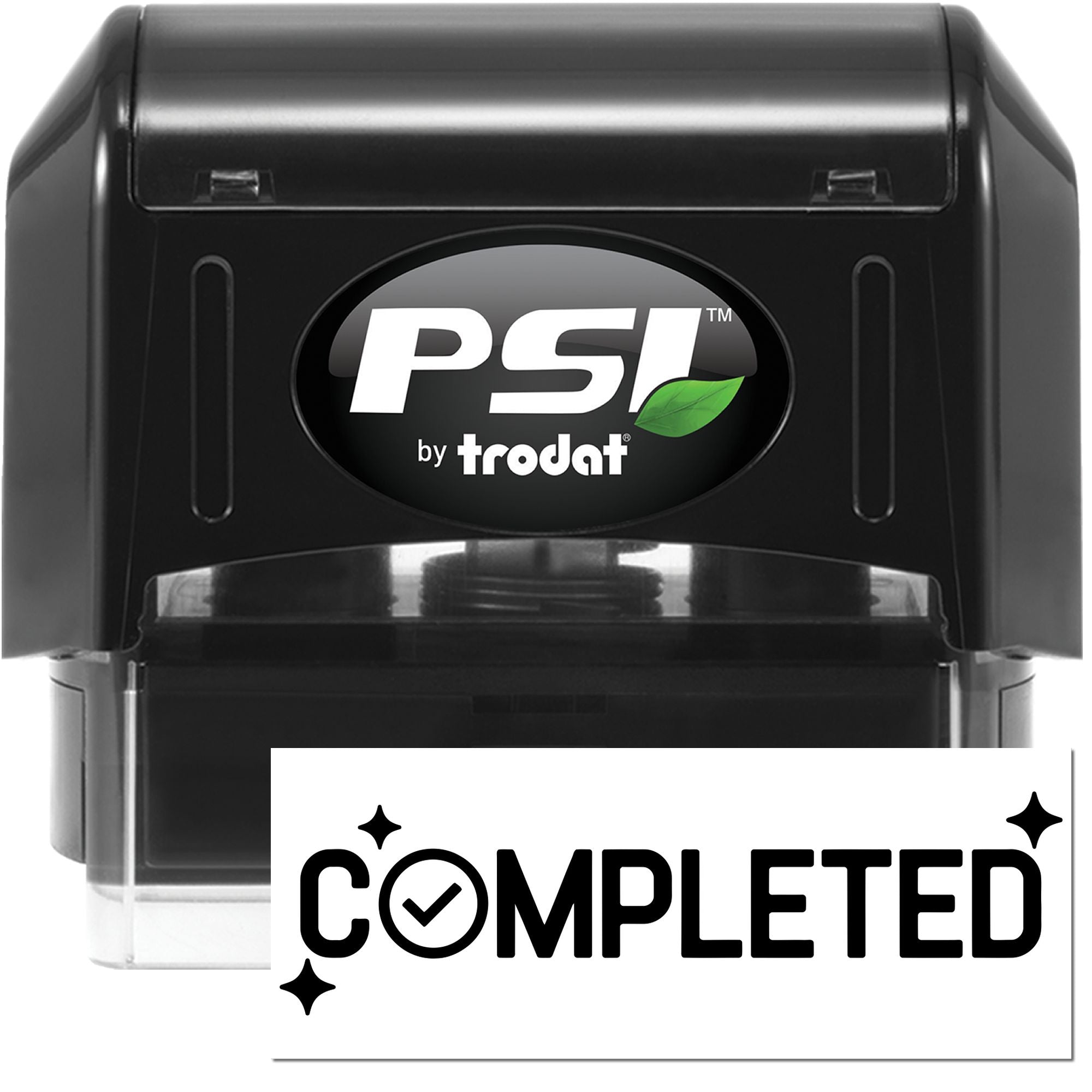 PSI by Trodat self-inking rubber stamp showing Completed for fast document approval and office workflow.