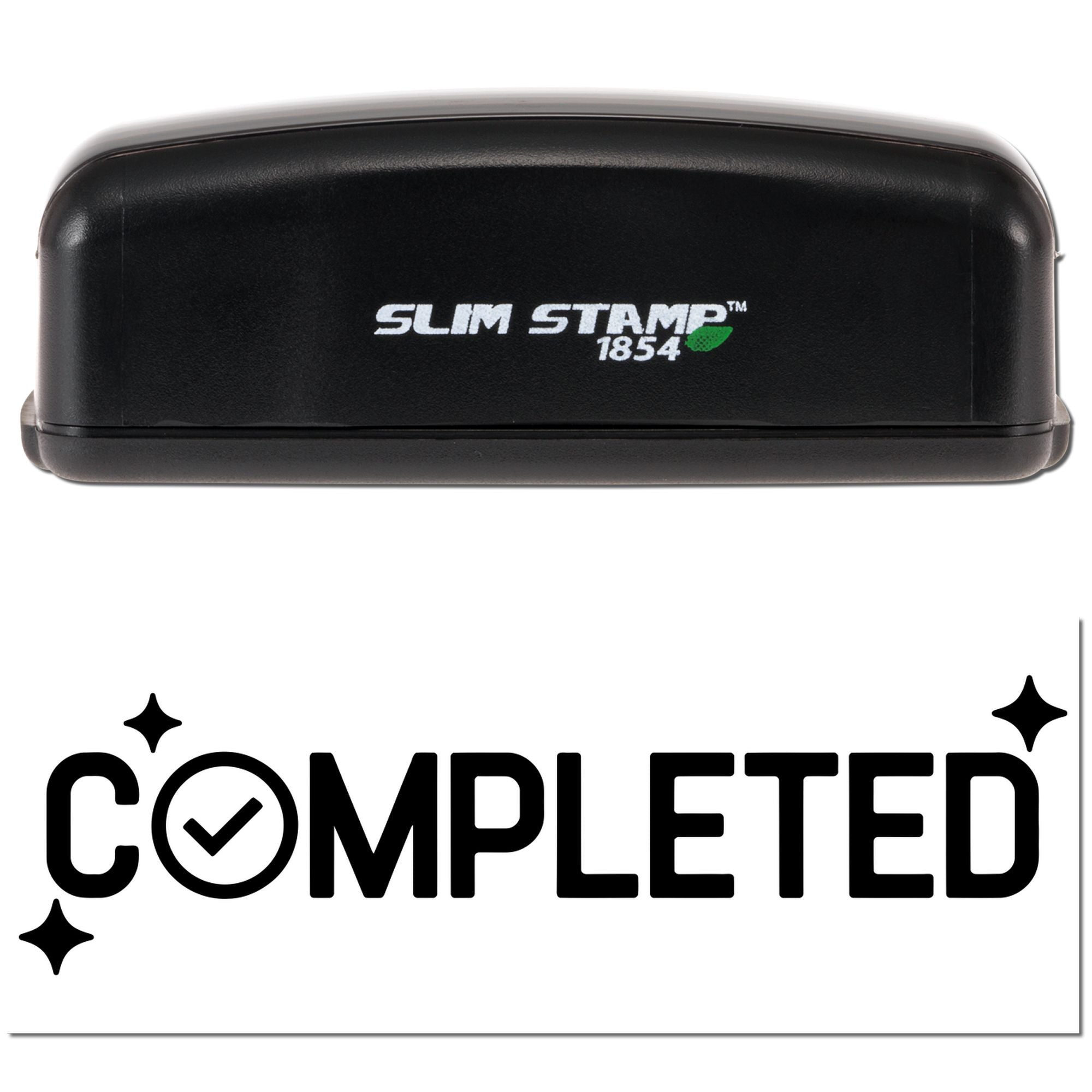 Black Slim Stamp 1854 self-inking rubber stamp with Completed approval imprint