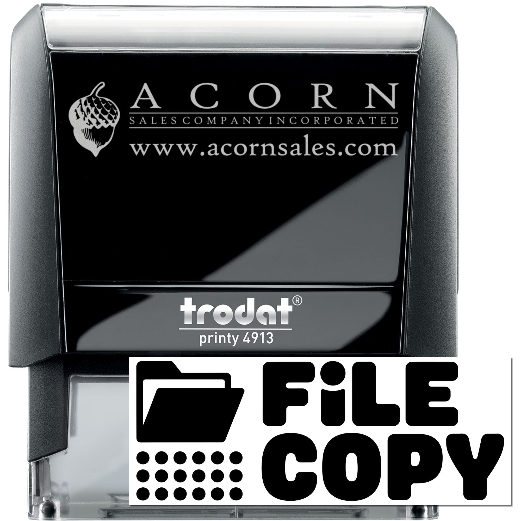 Custom Trodat Printy 4913 self-inking rubber stamp with Acorn Sales logo and File Copy imprint for office records