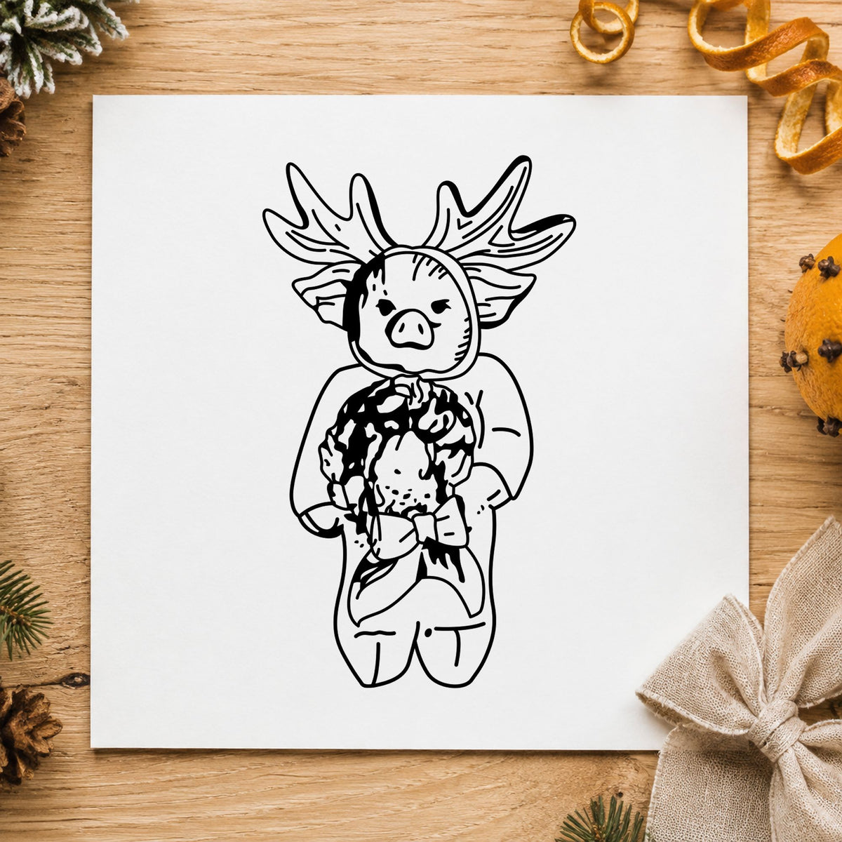 Pig in Reindeer Costume Rubber Stamp impression in black ink on white paper in a styled craft setting.