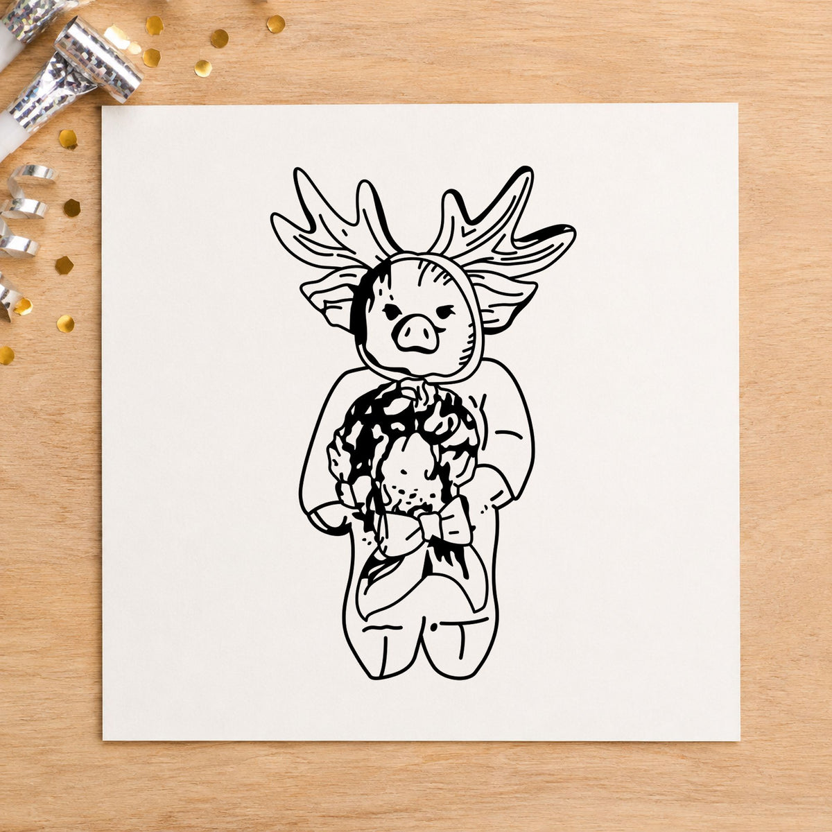 Black impression from a christmas pig stamp, featuring the pig in reindeer costume design on white paper.