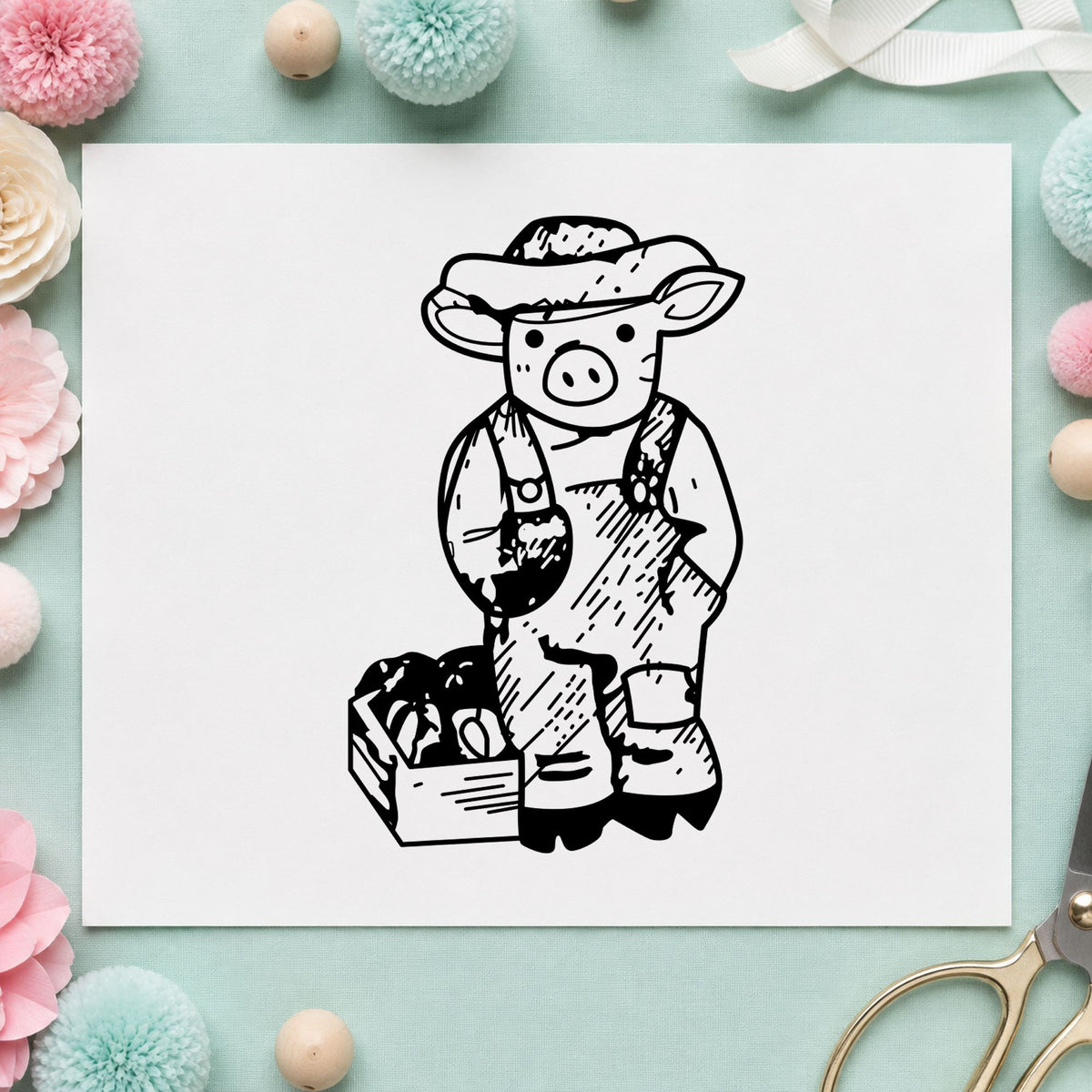 Farmer Pig with Produce Rubber Stamp impression in black ink on white paper in a styled craft setting.