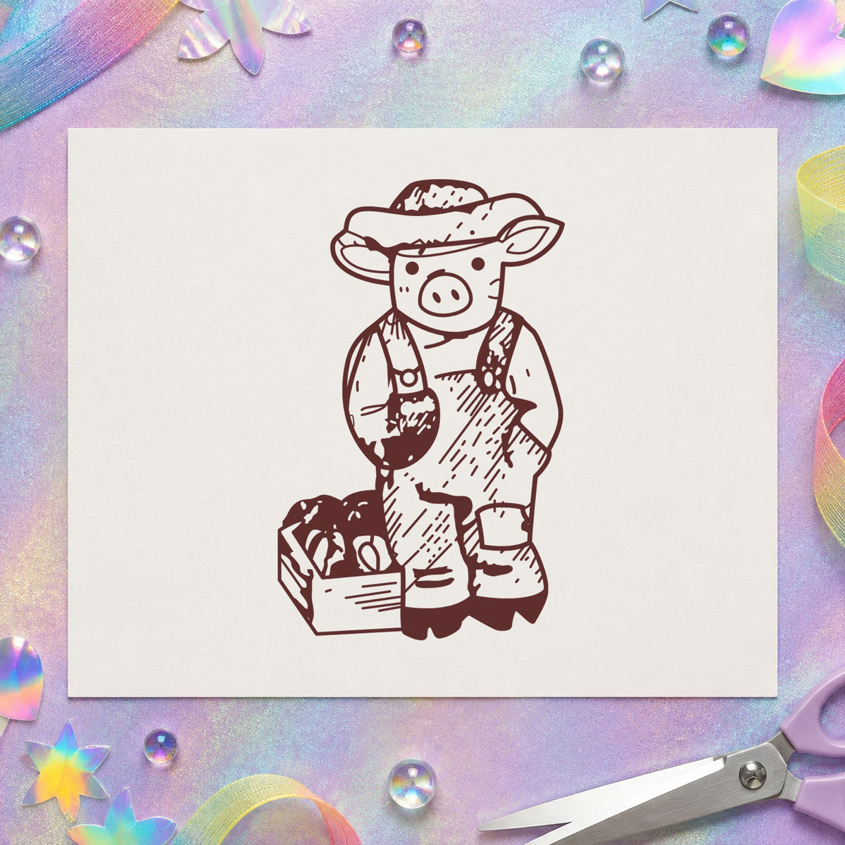 Farmer Pig with Produce Rubber Stamp impression in brown ink on white paper in a styled craft setting.