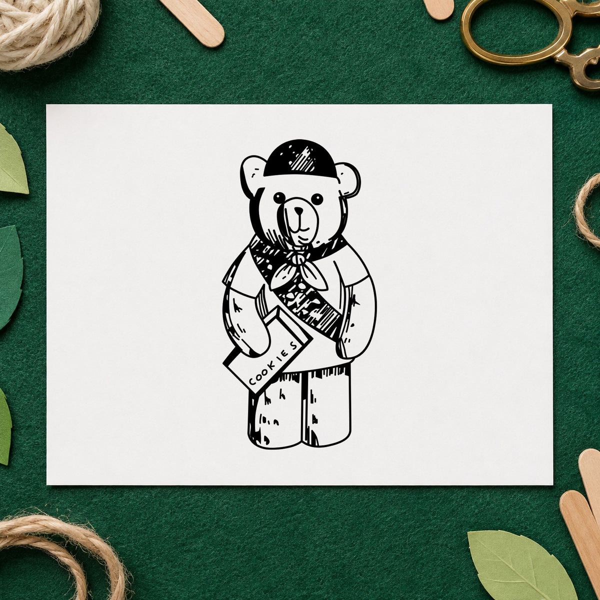 Black impression from a teddy bear rubber stamp, featuring the scout bear design on white paper.
