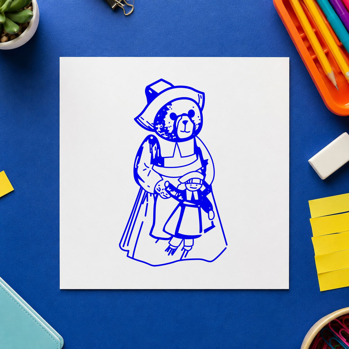 Blue thanksgiving craft stamp impression featuring the girl pilgrim bear with doll design on white paper.