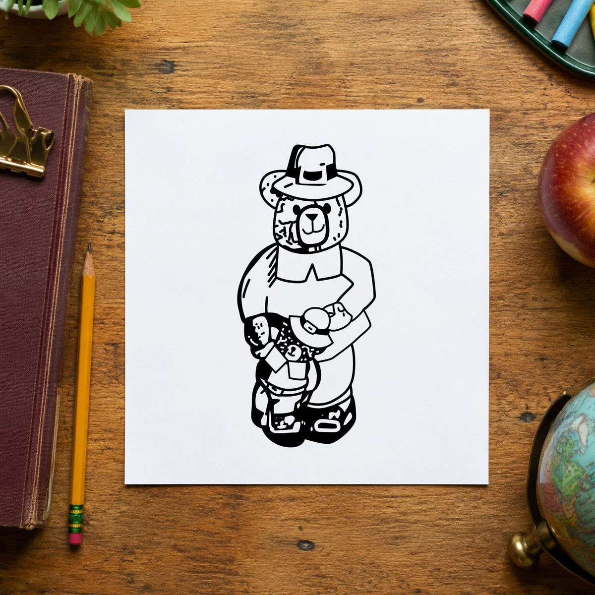 Black impression from a pilgrim rubber stamp, featuring the boy pilgrim bear with teddy design on white paper.