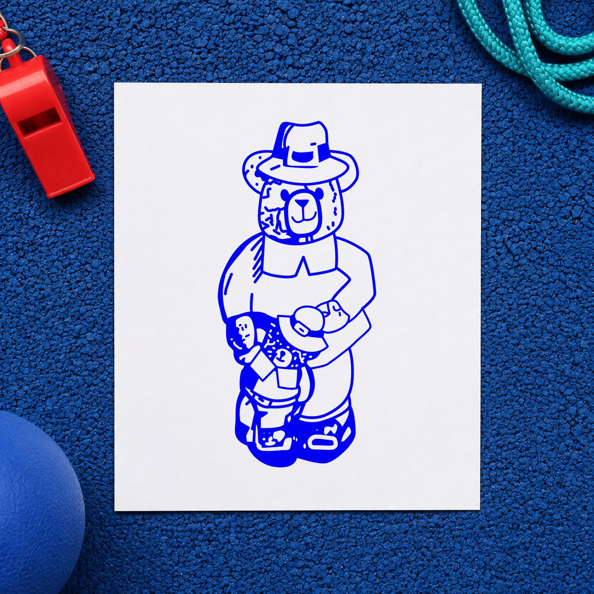 Blue thanksgiving scrapbook stamp impression featuring the boy pilgrim bear with teddy design on white paper.