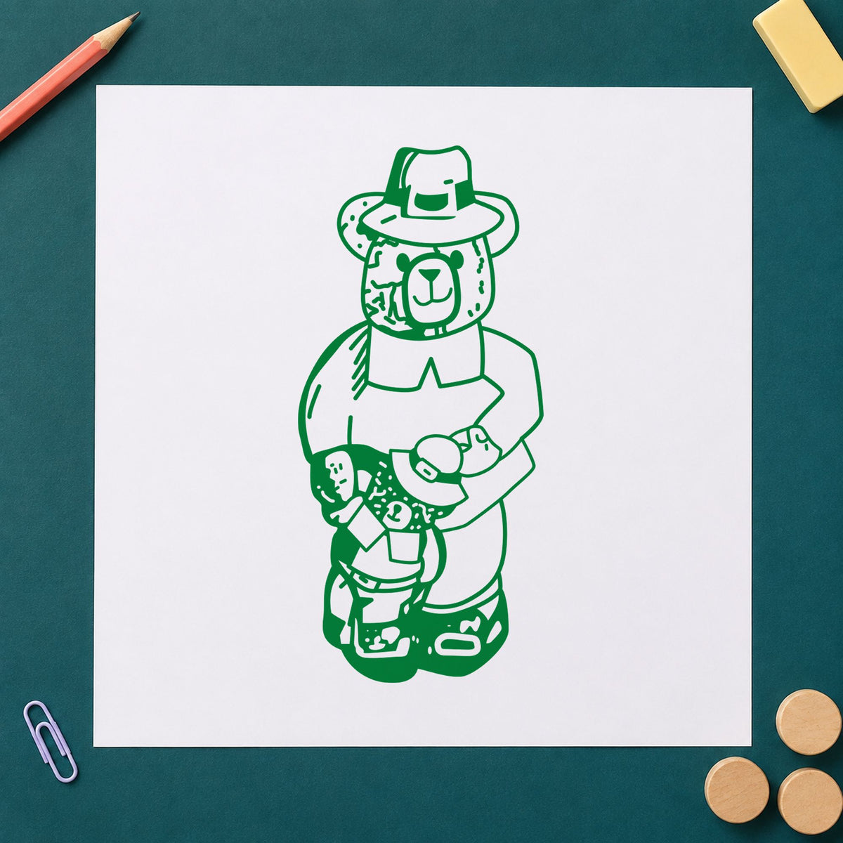 Boy Pilgrim Bear with Teddy Rubber Stamp impression in green ink on white paper in a styled craft setting.