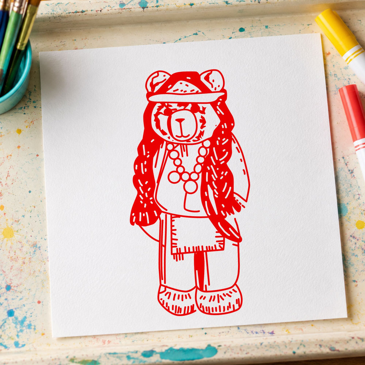 Bear Indian Art Rubber Stamp in use 8