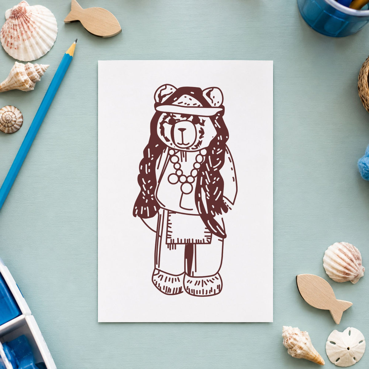 Bear Indian Art Rubber Stamp in use 9